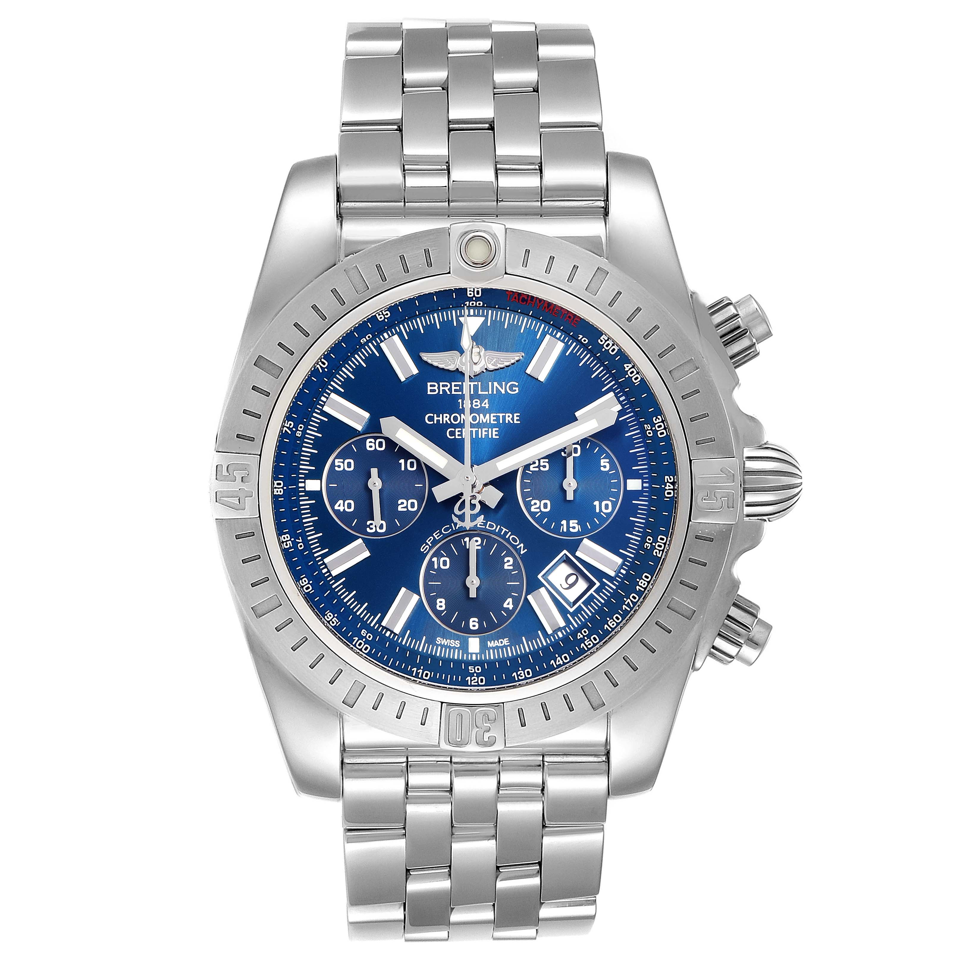 The image shows a front view of a Breitling Chronomat AB0115 Men
s Stainless Steel Blue Dial AB0115 Men
s Stainless Steel Blue Dial watch, displaying its dial, bracelet, and side buttons.