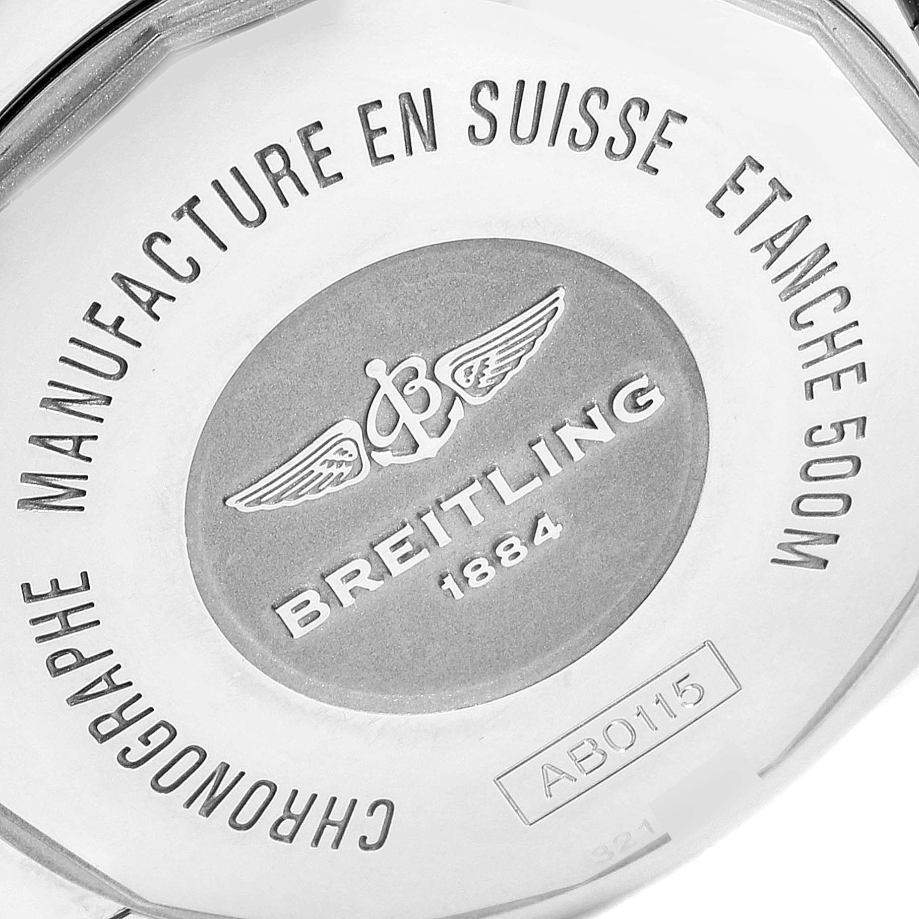 This image shows the case back of a Breitling Chronomat AB0115 Men
s Stainless Steel Blue Dial AB0115 Men
s Stainless Steel Blue Dial watch, highlighting the brand engraving and specifications.