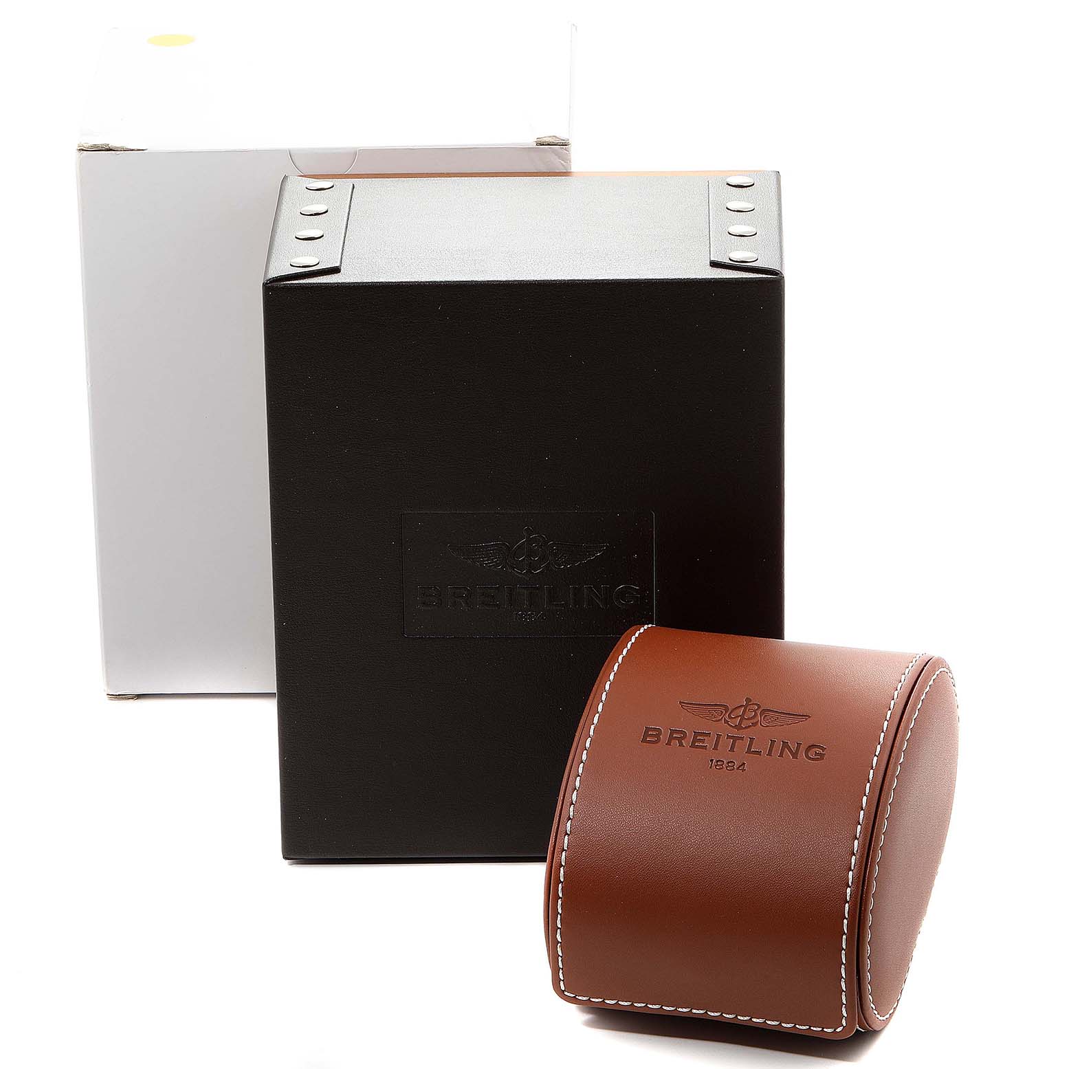 The image shows the packaging for a Breitling Chronomat AB0115 Men
s Stainless Steel Blue Dial AB0115 Men
s Stainless Steel Blue Dial watch, including an outer box, main box, and brown leather watch case.