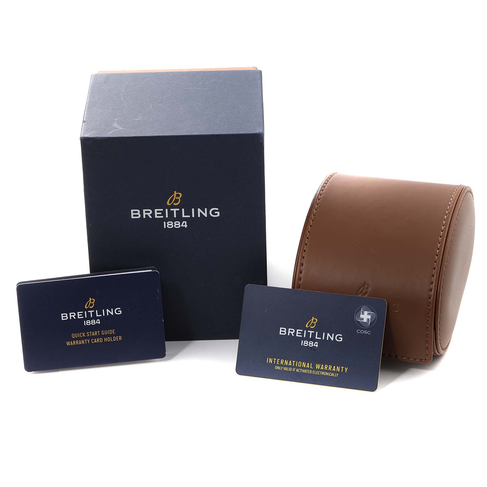 The image shows a Breitling Chronomat UB0134 Men's Steel and Gold (two tone) Grey Dial UB0134 Men's Steel and Gold (two tone) Grey Dial watch box, quick start guide, warranty card holder, and leather case.