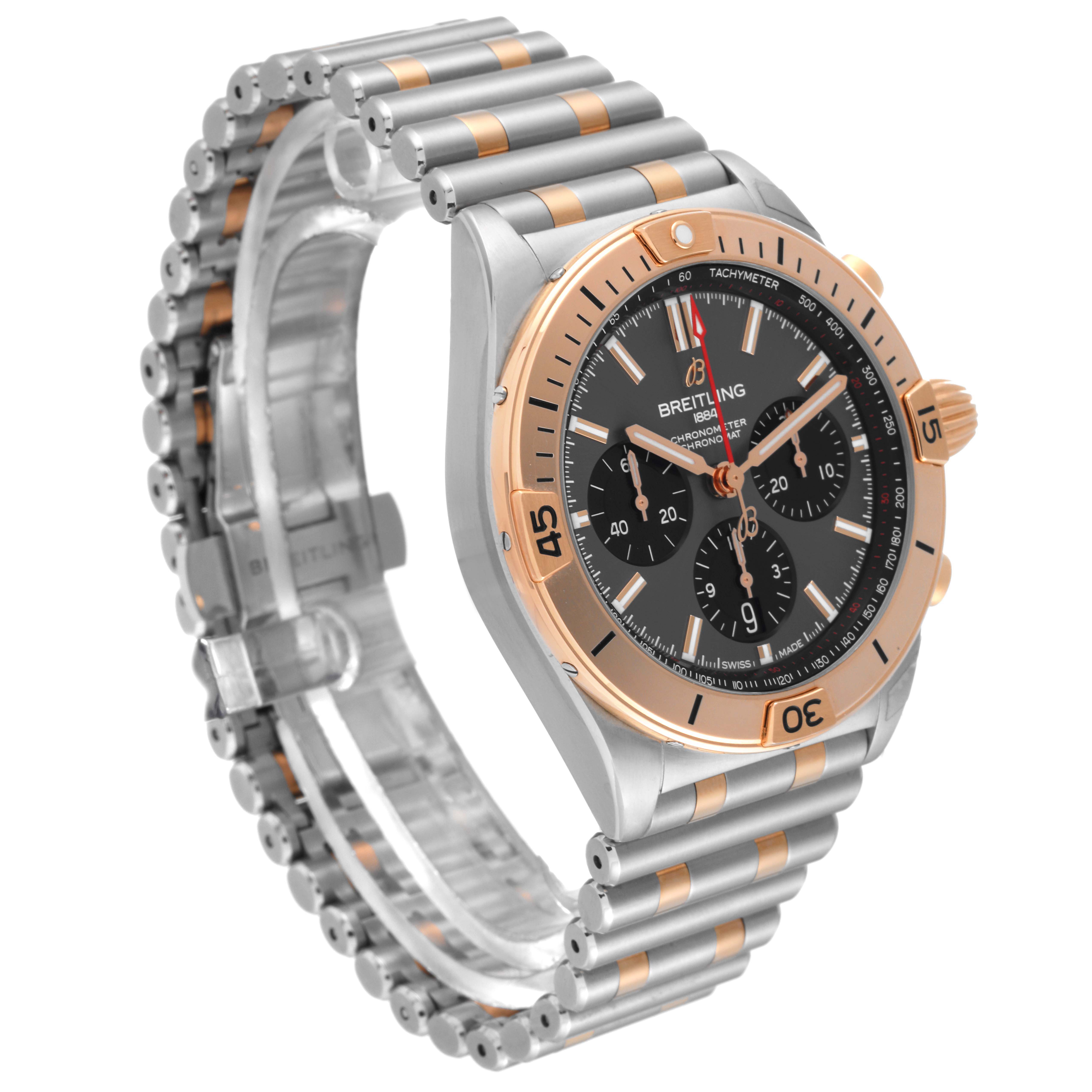 The image shows the Breitling Chronomat UB0134 Men's Steel and Gold (two tone) Grey Dial UB0134 Men's Steel and Gold (two tone) Grey Dial watch at a three-quarter angle, highlighting the bezel, dial, and bracelet.