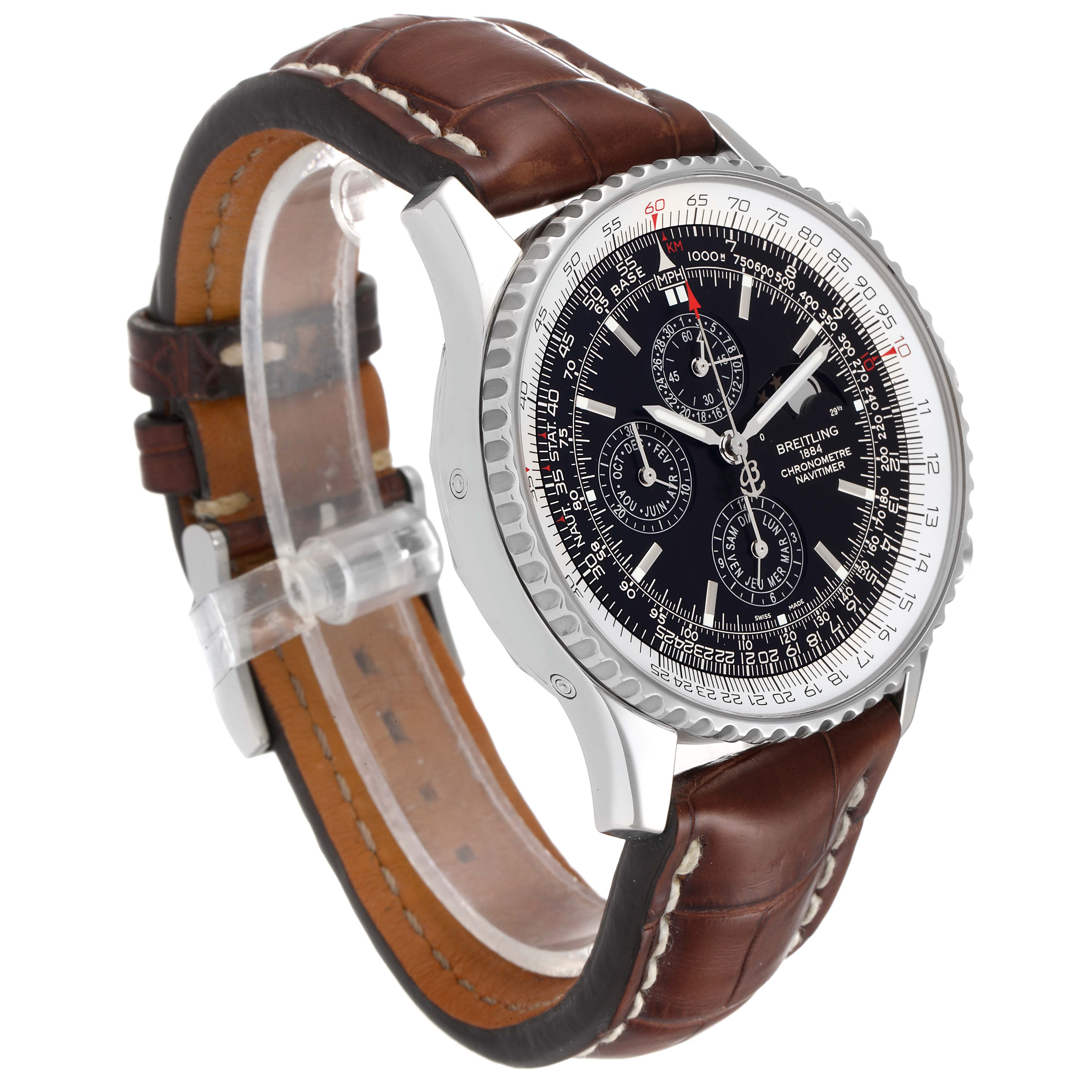 The image shows a Breitling Navitimer A19370 Men's Stainless Steel Black Dial A19370 Men's Stainless Steel Black Dial watch from a side angle, highlighting its dial, bezel, and leather strap.