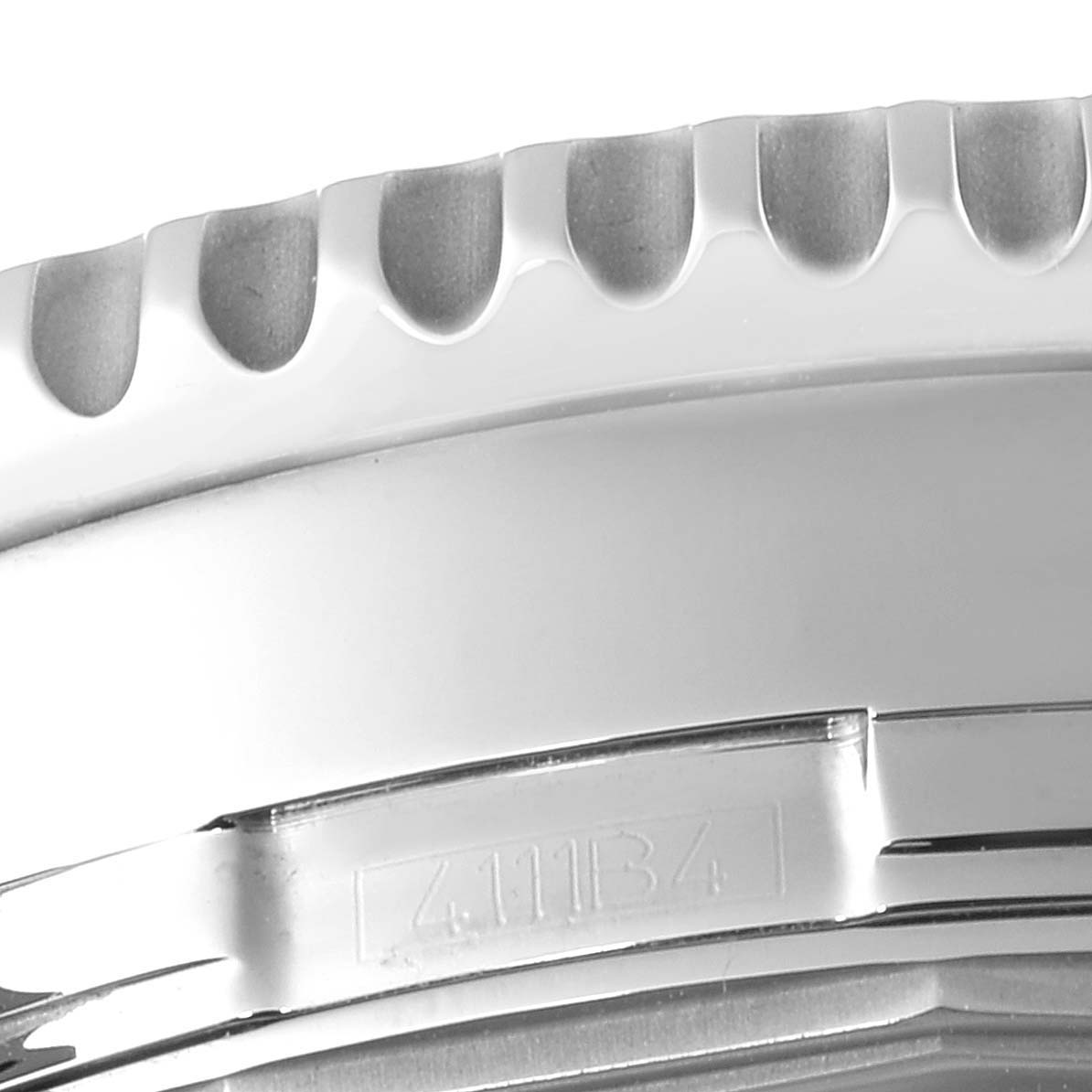 Close-up angle showing the detailed edge of the bezel and part of the case of a Breitling Navitimer A19370 Men's Stainless Steel Black Dial A19370 Men's Stainless Steel Black Dial watch.