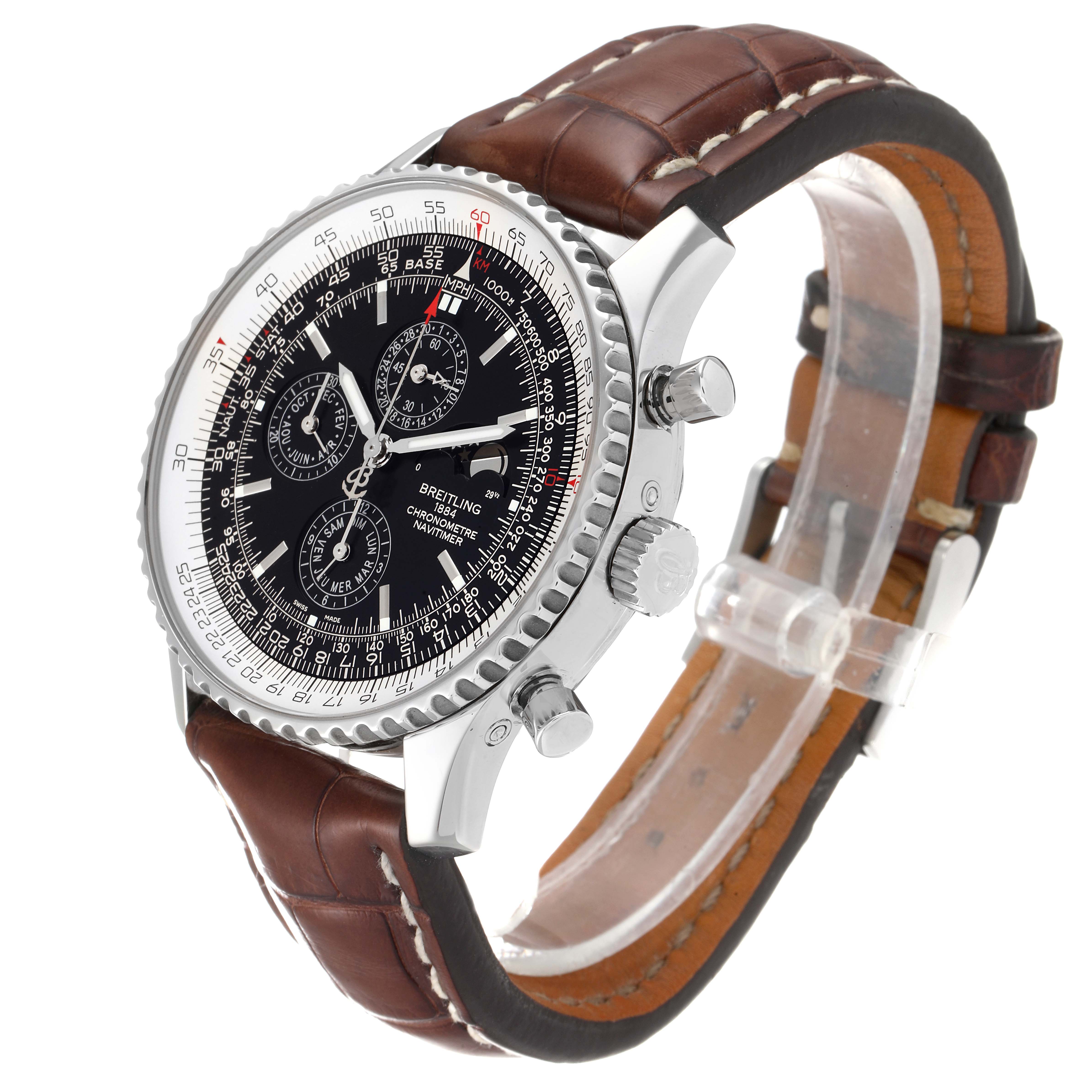 This image shows a Breitling Navitimer A19370 Men's Stainless Steel Black Dial A19370 Men's Stainless Steel Black Dial watch angled from the front-left, displaying its face, crown, pushers, and brown leather strap.