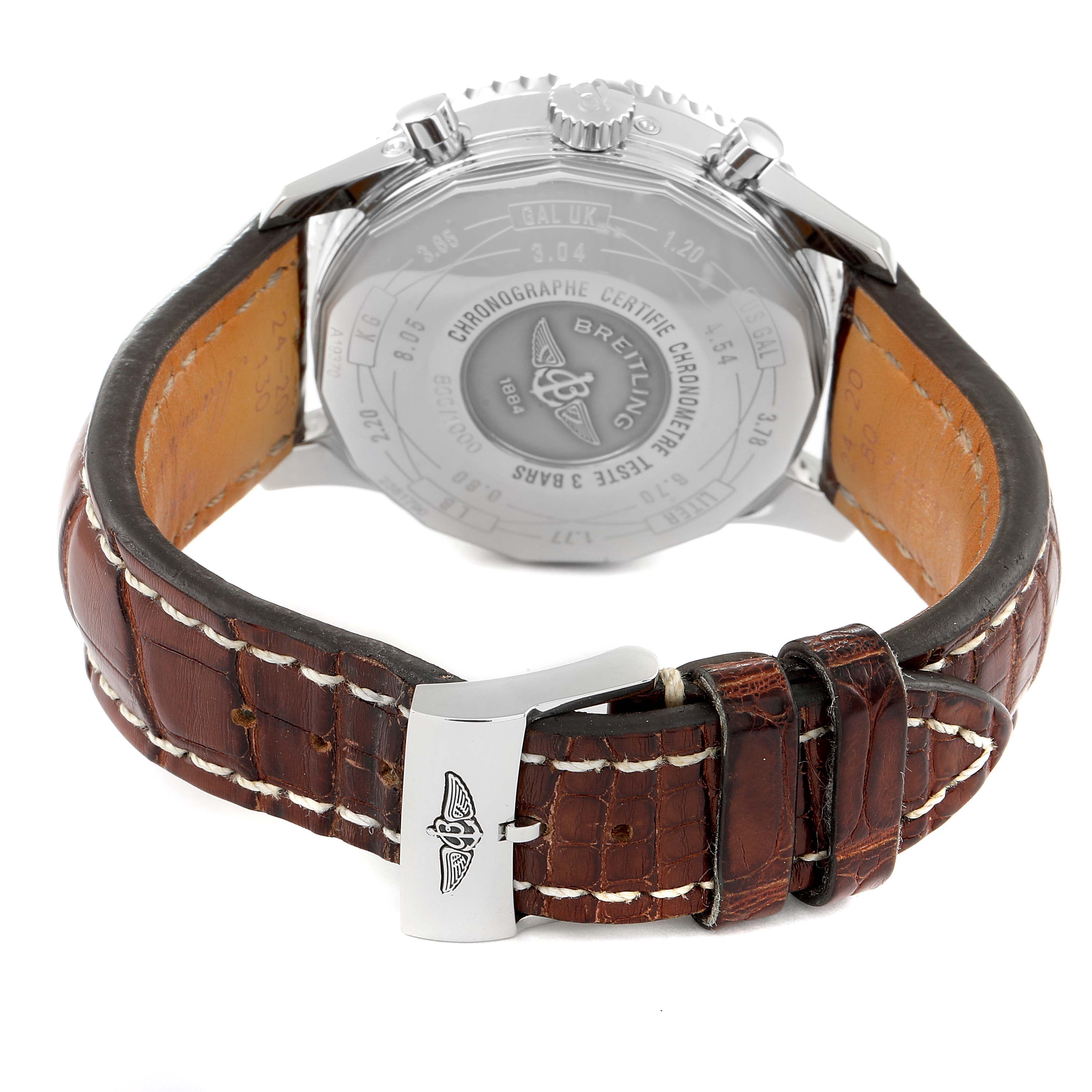 The image shows the rear view of the Breitling Navitimer A19370 Men's Stainless Steel Black Dial A19370 Men's Stainless Steel Black Dial watch, focusing on the clasp and brown leather strap.