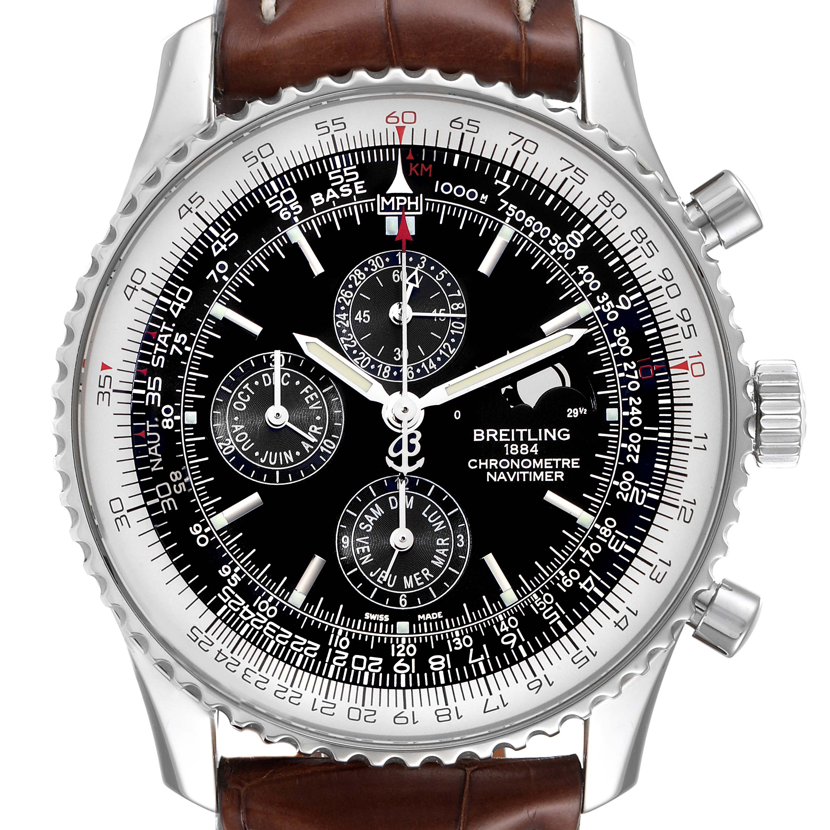 This image shows a close-up front view of a Breitling Navitimer A19370 Men's Stainless Steel Black Dial A19370 Men's Stainless Steel Black Dial watch displaying its dial, subdials, bezel, and leather strap. 