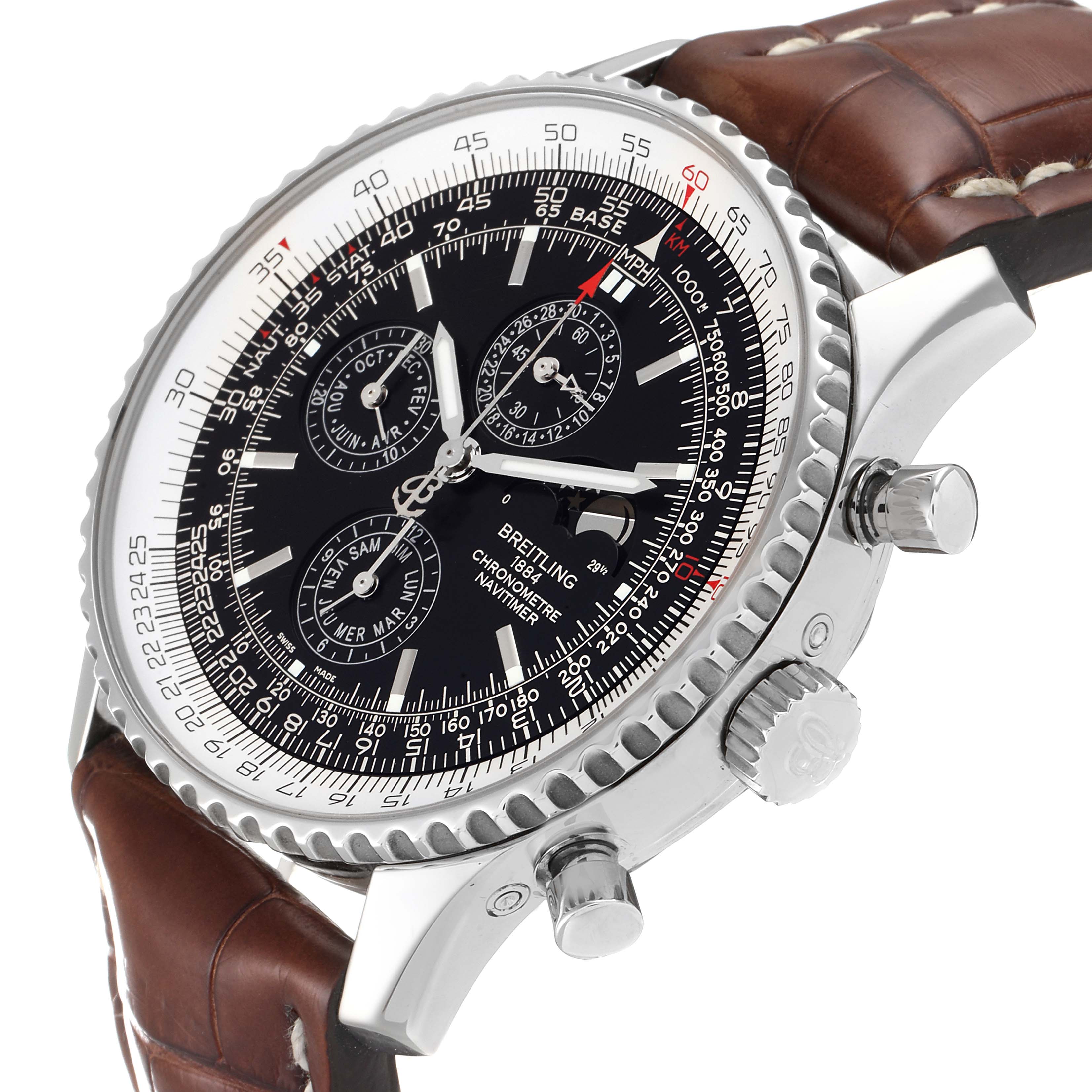 The Breitling Navitimer A19370 Men's Stainless Steel Black Dial A19370 Men's Stainless Steel Black Dial watch is shown at an angle highlighting its dial, bezel, crown, pushers, and brown leather strap.