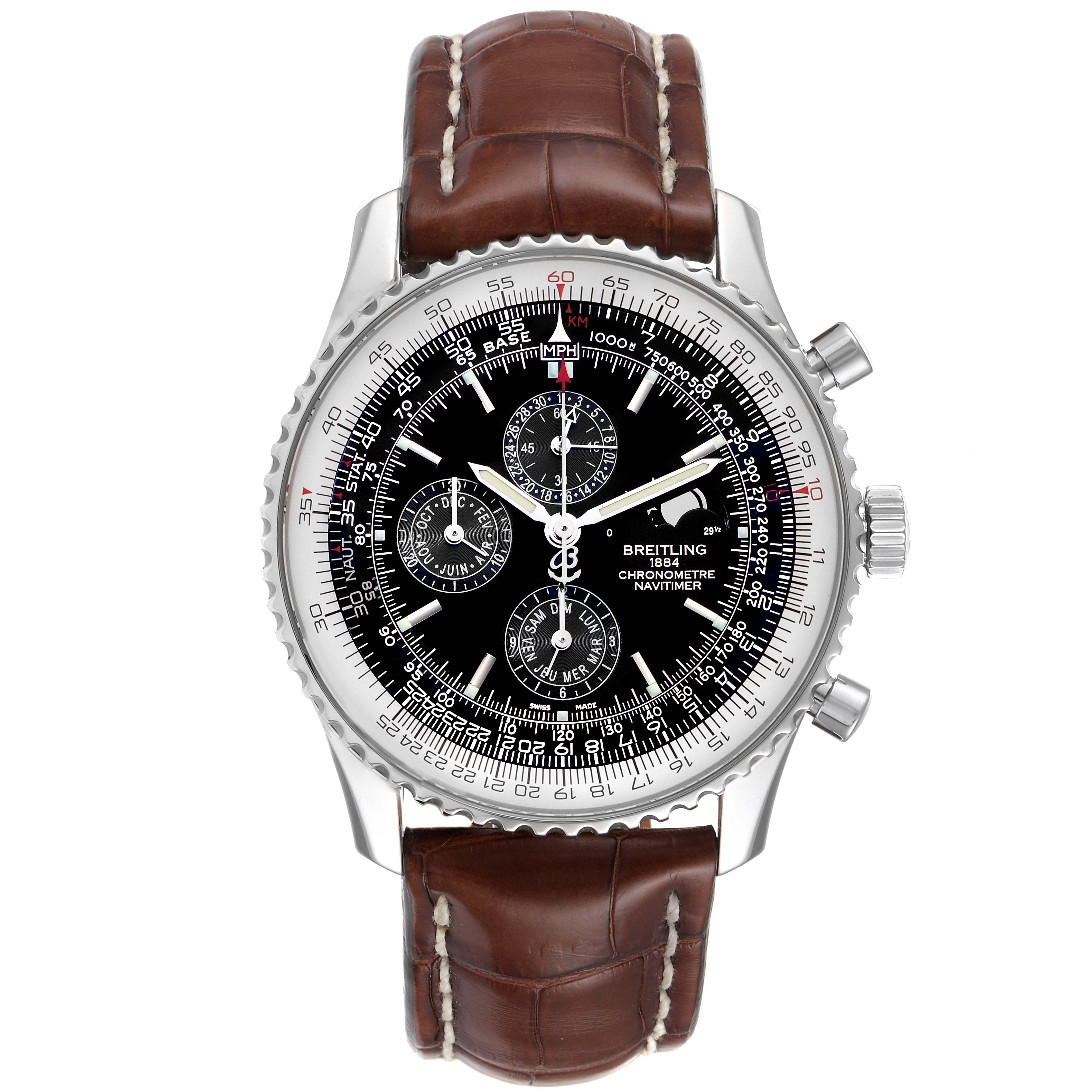 The image displays a front view of the Breitling Navitimer A19370 Men's Stainless Steel Black Dial A19370 Men's Stainless Steel Black Dial watch, showcasing its dial, bezel, and brown leather strap.