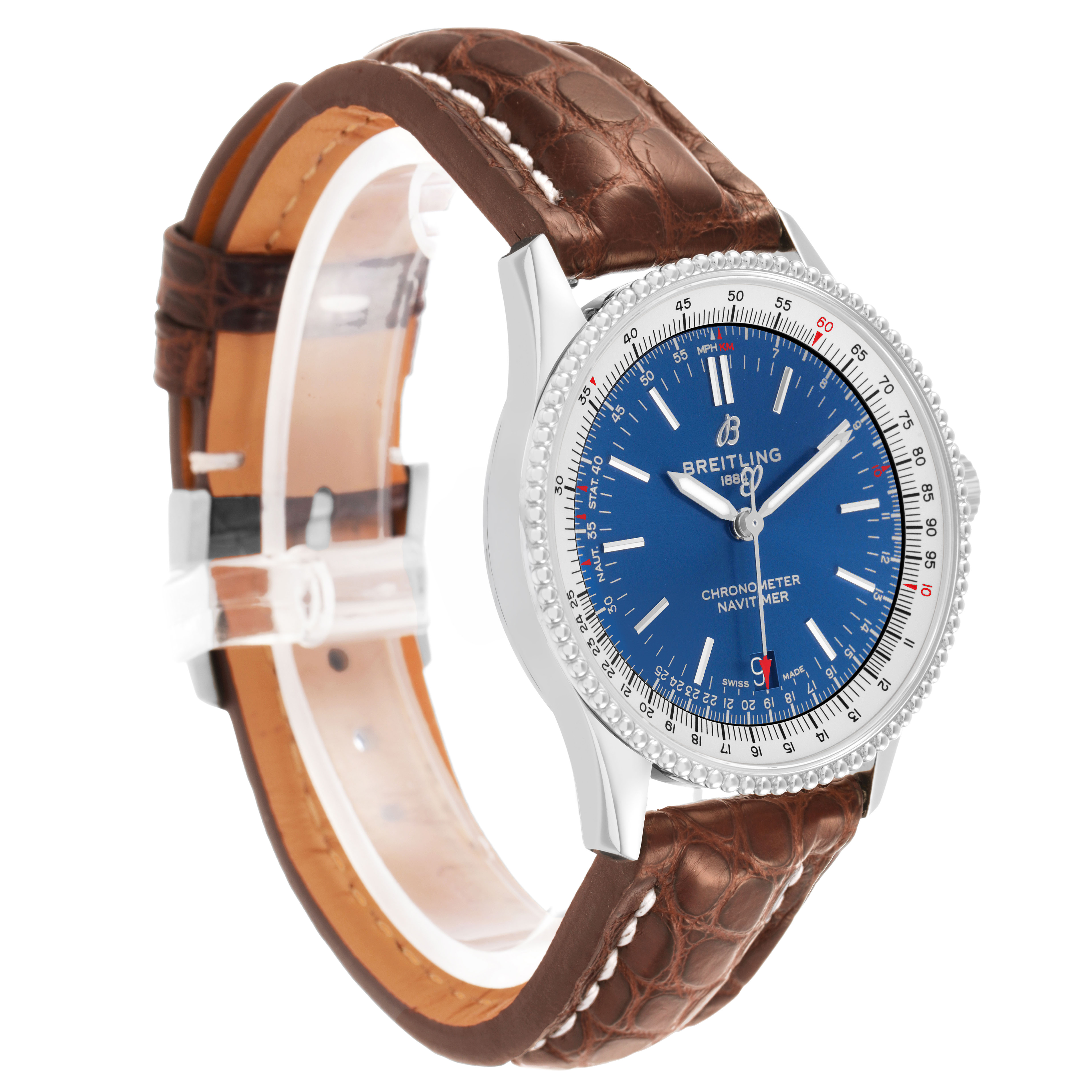 The Breitling Navitimer A17325 Men's Stainless Steel Blue Dial watch is shown at an angle, displaying the blue dial, detailed bezel, and brown leather strap.