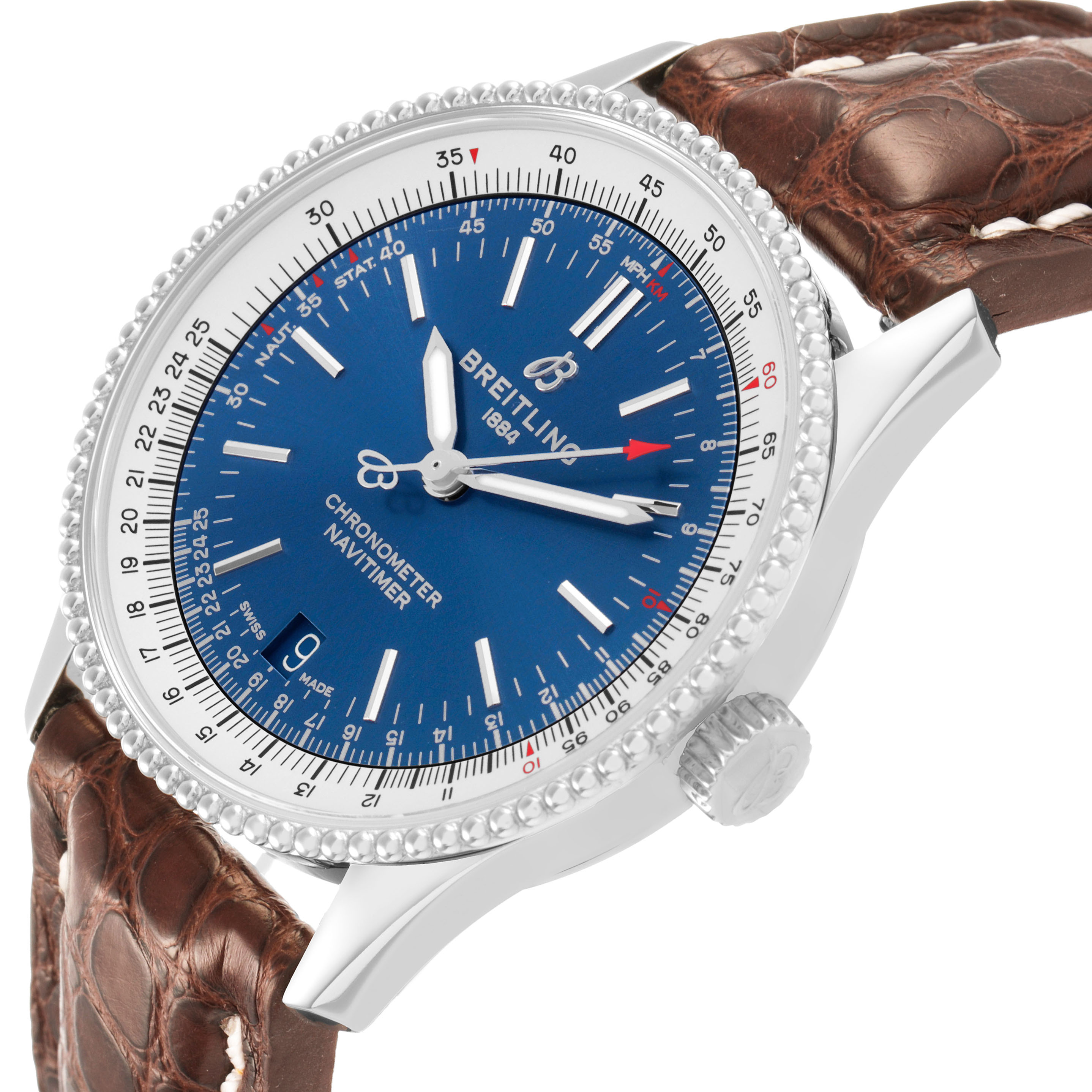 The Breitling Navitimer A17325 Men's Stainless Steel Blue Dial watch is shown at an angle, displaying the blue dial, bezel, crown, and brown leather strap.