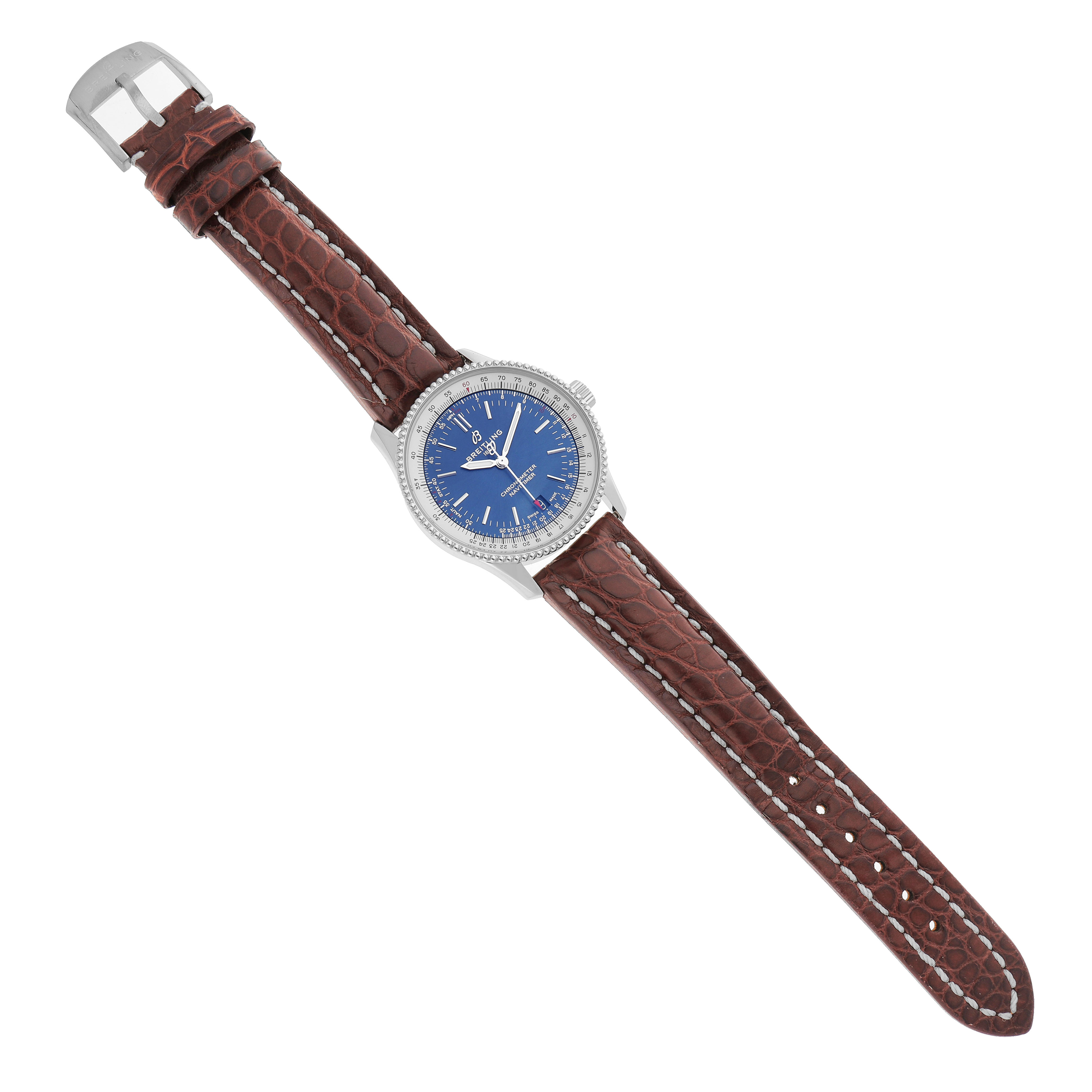 The Breitling Navitimer A17325 Men's Stainless Steel Blue Dial watch is shown from a top-down angle, displaying the face, dial, case, and full leather strap.