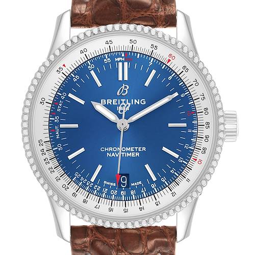 The Breitling Navitimer A17325 Men's Stainless Steel Blue Dial watch is shown from a front angle, highlighting its blue dial, bezel, and brown leather strap.