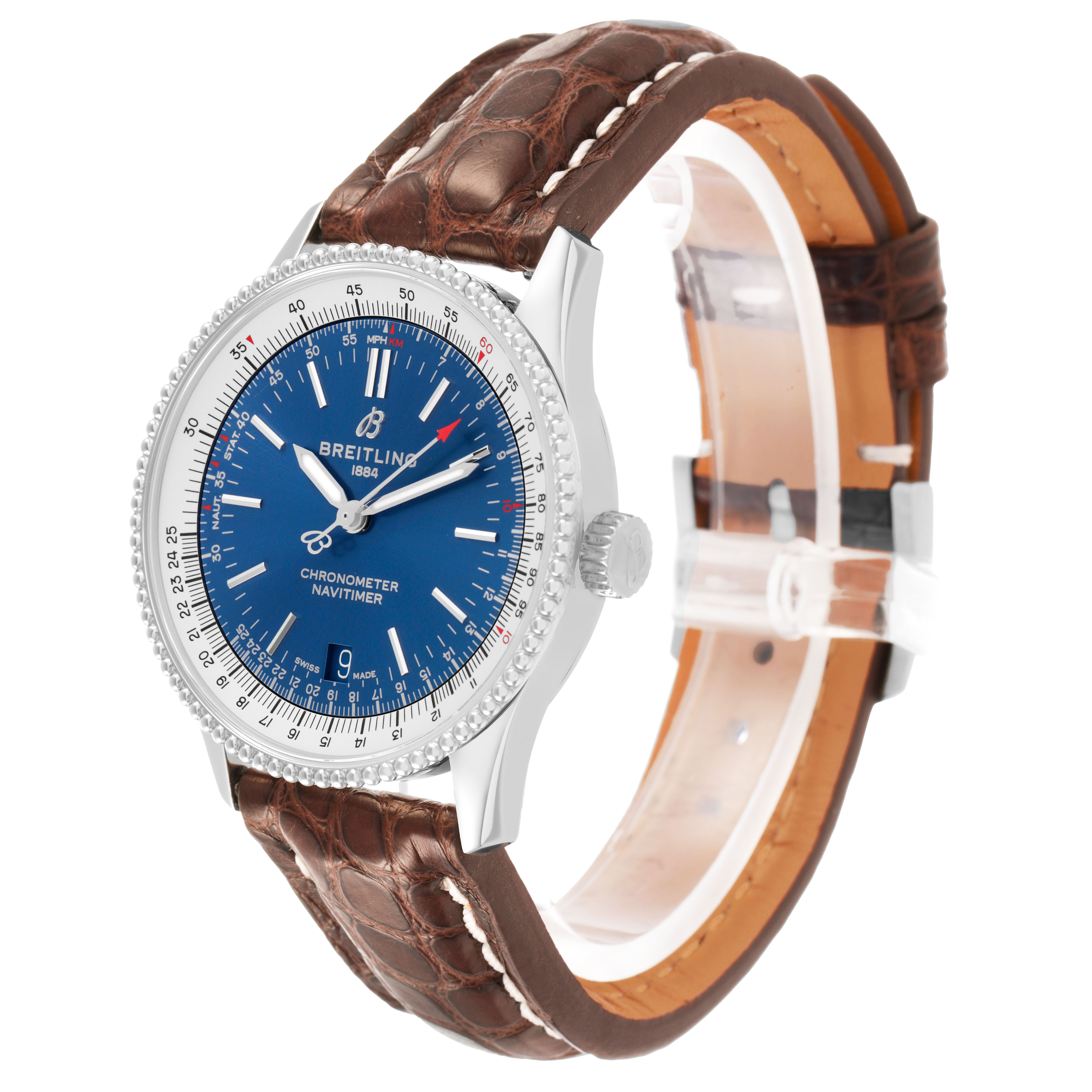 The Breitling Navitimer A17325 Men's Stainless Steel Blue Dial watch is shown at a slight side angle, displaying its blue dial, bezel, and brown leather strap.