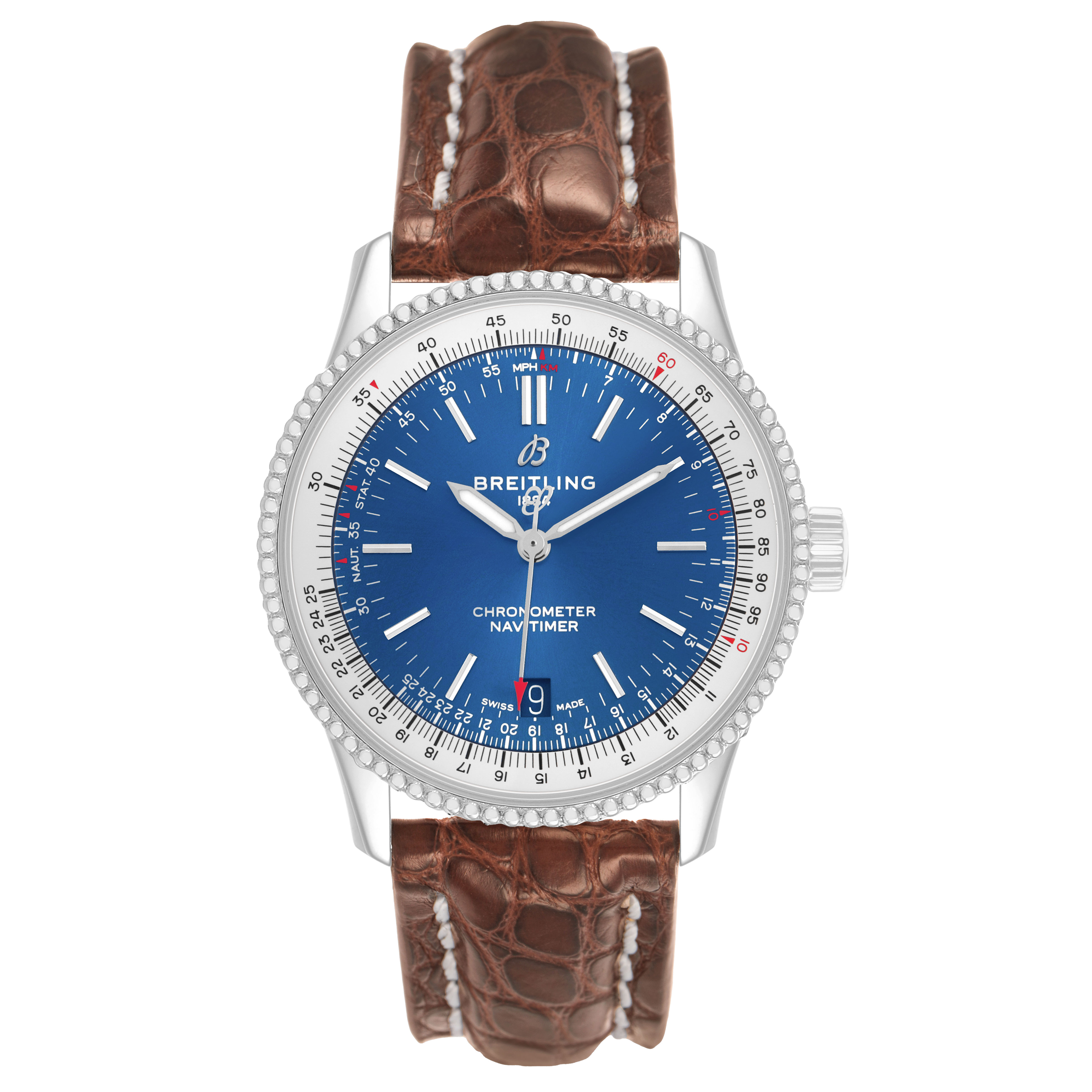The Breitling Navitimer A17325 Men's Stainless Steel Blue Dial is shown from a top view, highlighting its dial, bezel, and leather strap.