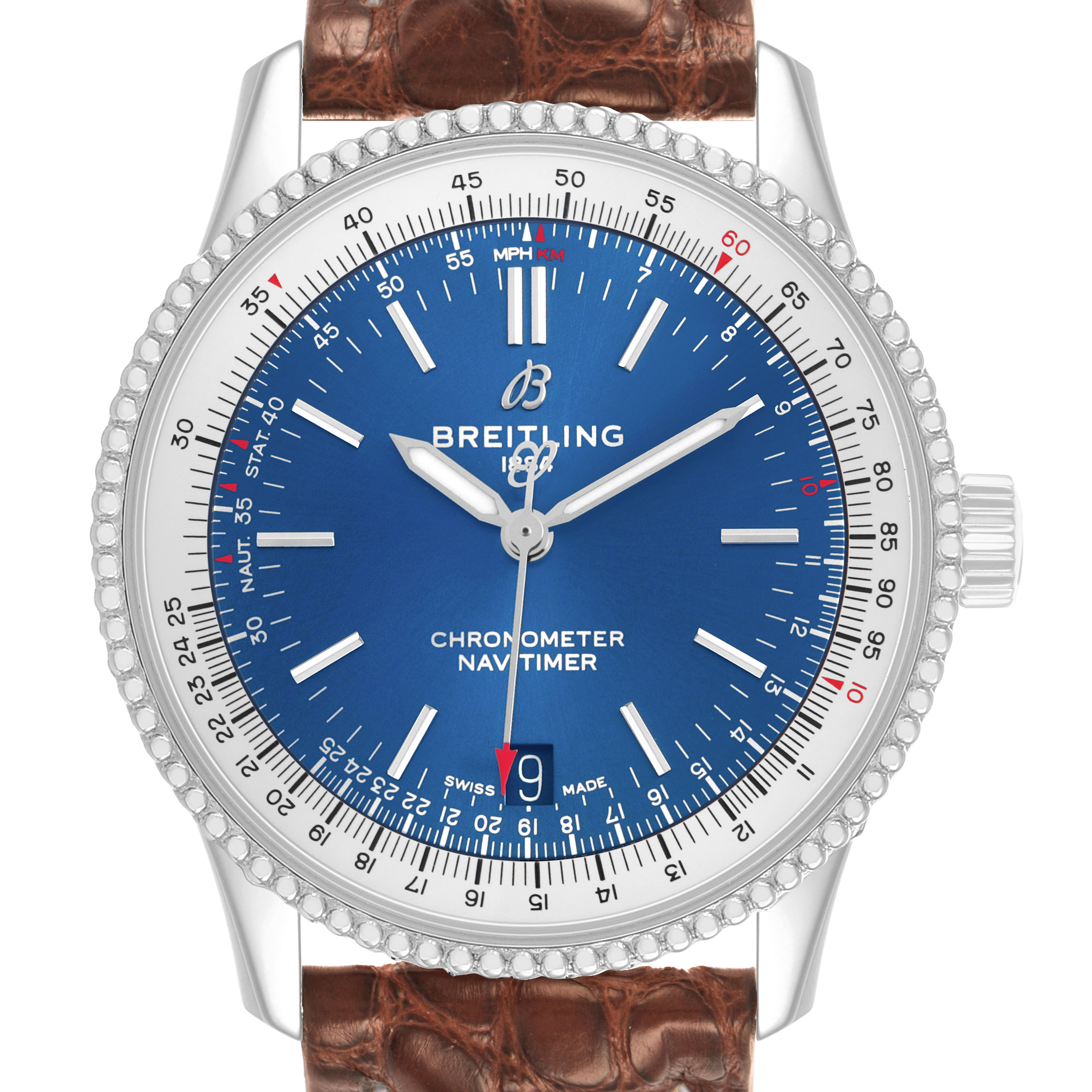 The Breitling Navitimer A17325 Men's Stainless Steel Blue Dial watch is shown from the front, displaying its blue dial, bezel, and leather strap.