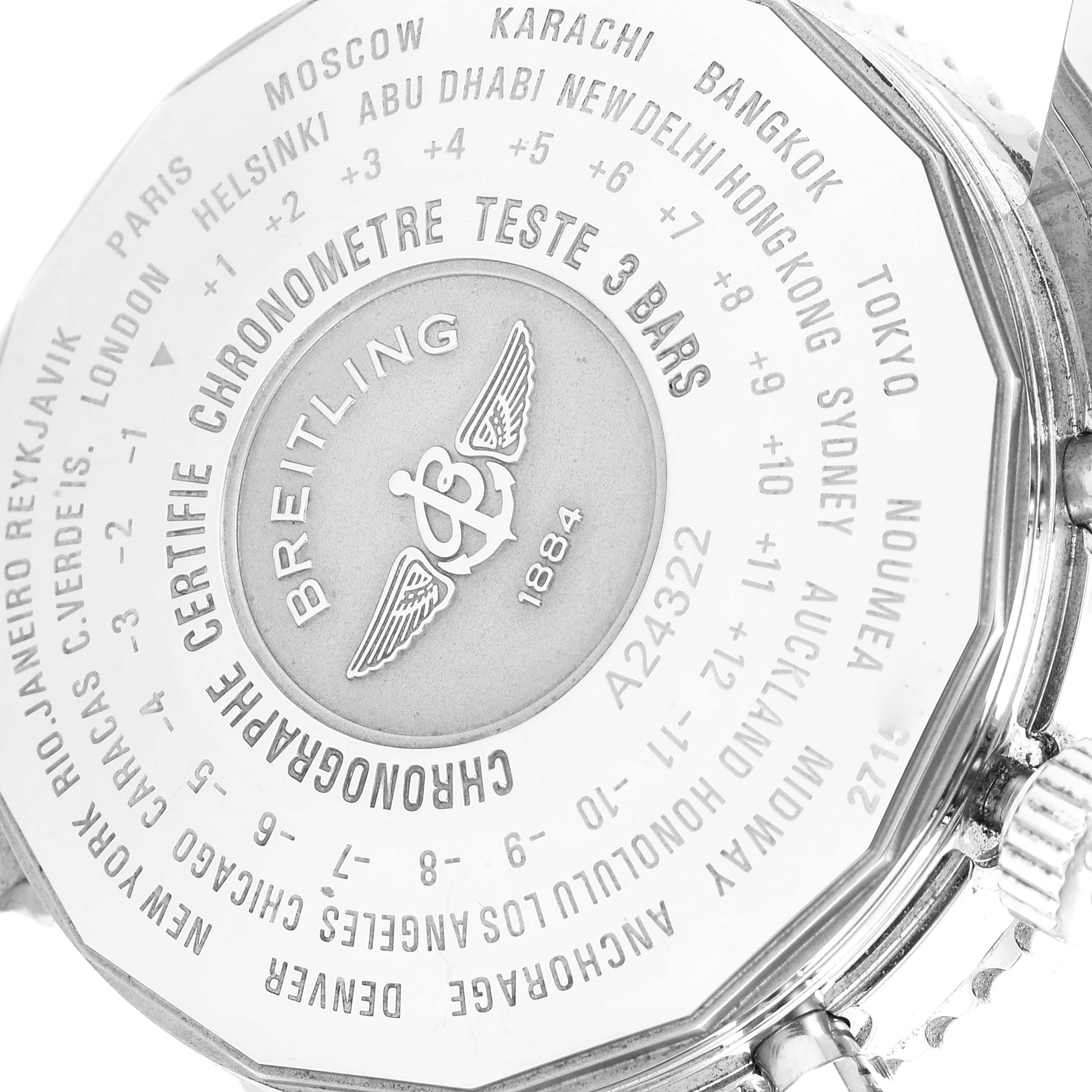 The image shows the back case of a Breitling Navitimer A24322 Men
s Stainless Steel Black Dial A24322 Men
s Stainless Steel Black Dial watch, highlighting the time zone markings and the brand
s logo.