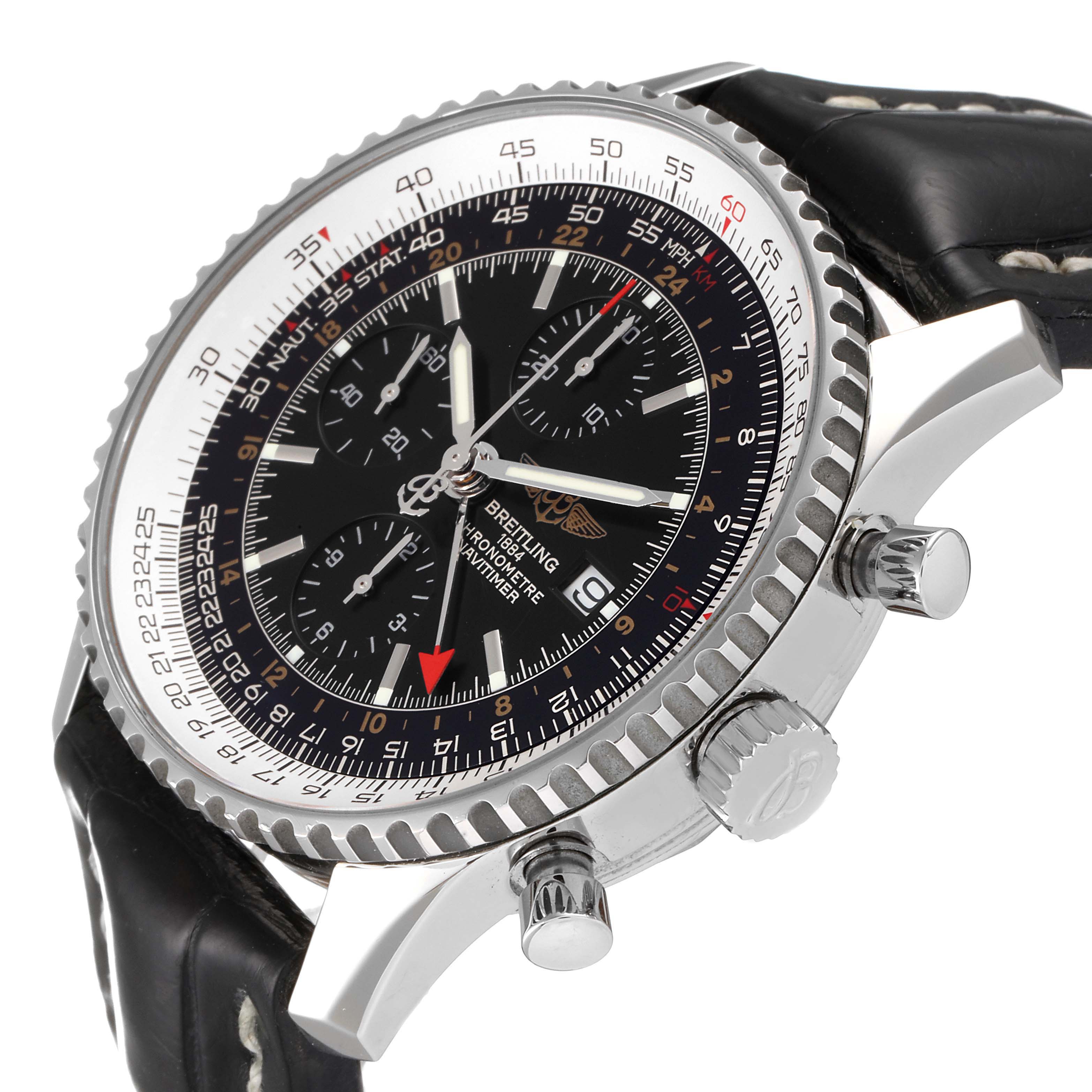 This image shows a close-up side angle of the Breitling Navitimer A24322 Men
s Stainless Steel Black Dial A24322 Men
s Stainless Steel Black Dial watch, highlighting the dial, bezel, and pushers.