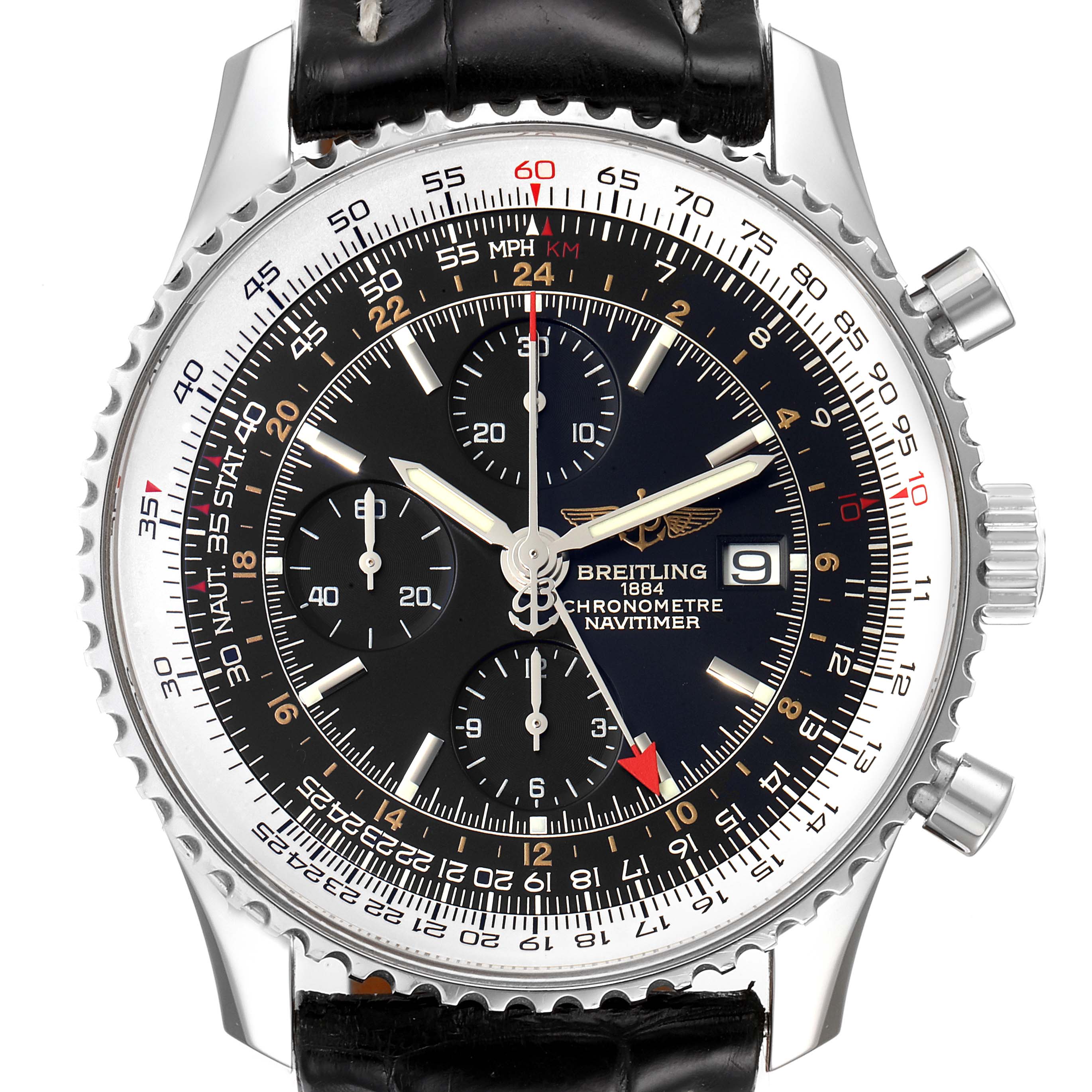 The Breitling Navitimer A24322 Men
s Stainless Steel Black Dial A24322 Men
s Stainless Steel Black Dial watch is shown from a front angle, showcasing the dial, bezel, and part of the leather strap.