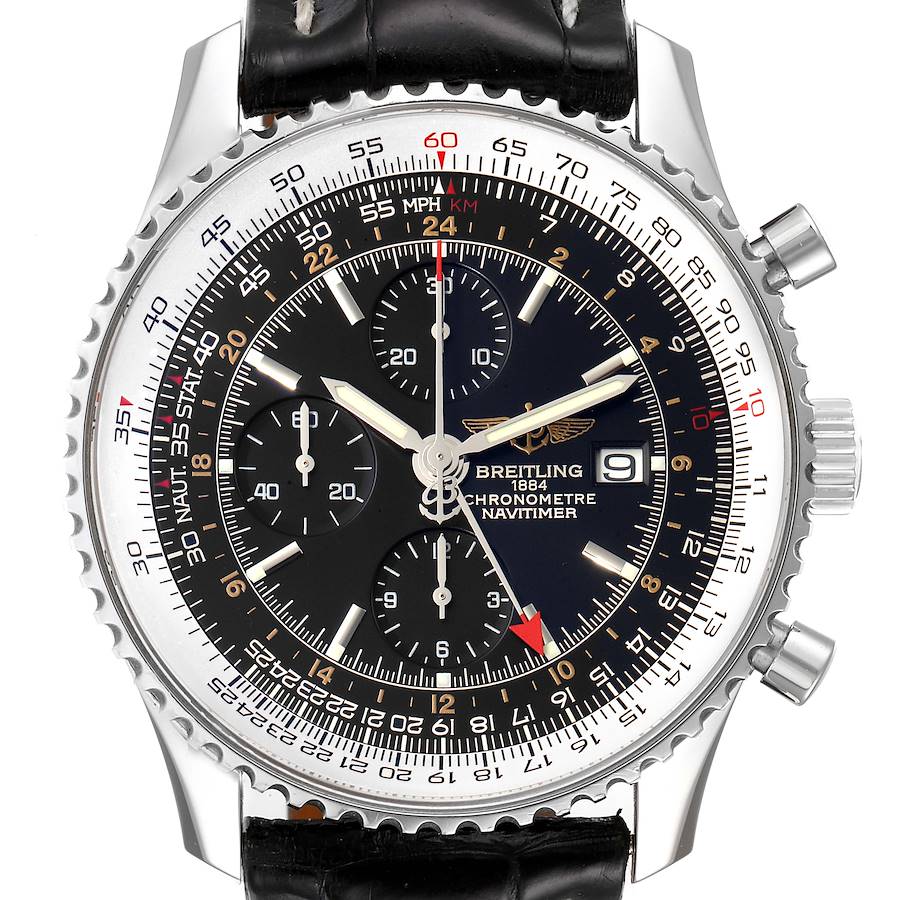 Breitling Navitimer World GMT Steel Black Dial Mens Watch A24322 Box Papers SwissWatchExpo