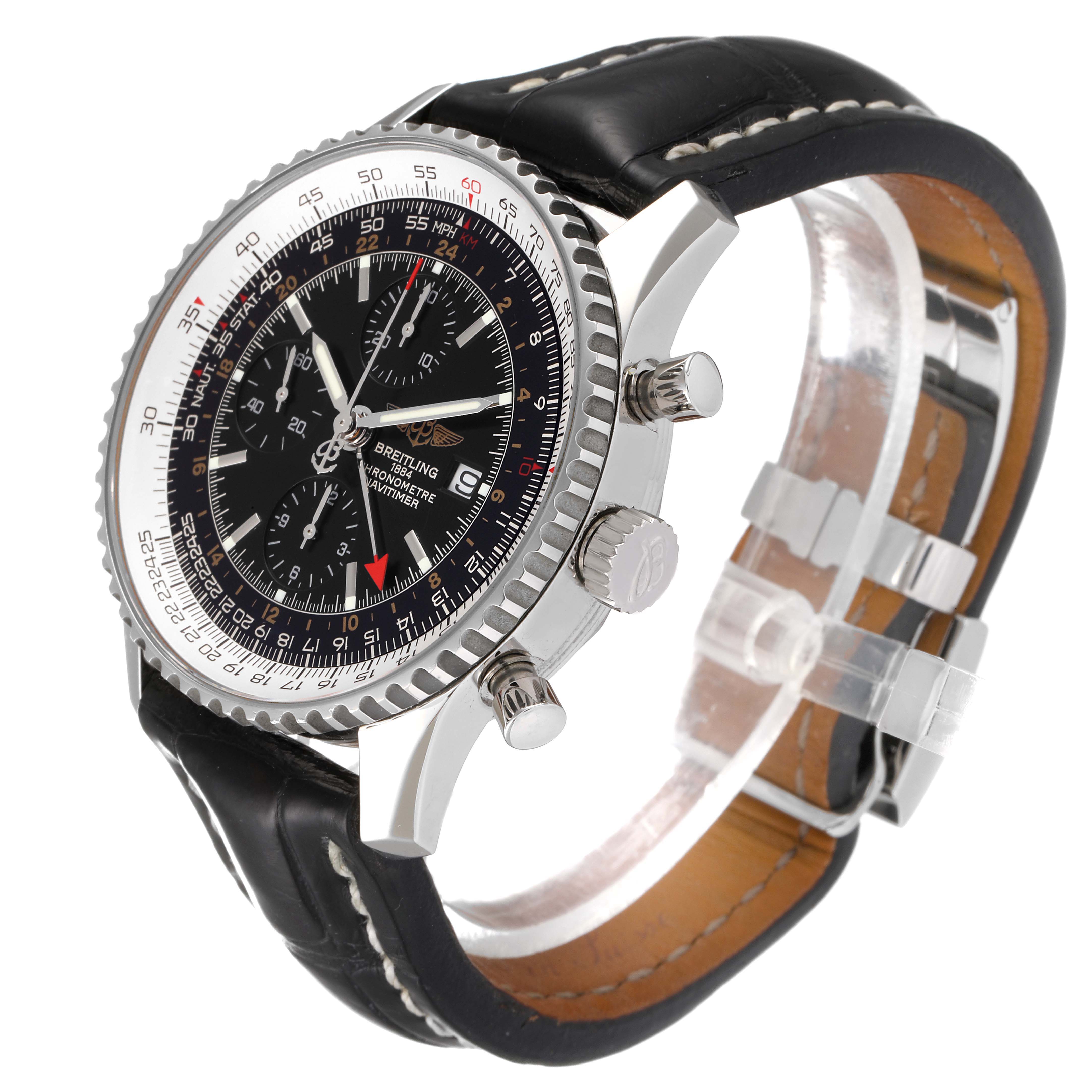 The image shows a Breitling Navitimer A24322 Men
s Stainless Steel Black Dial A24322 Men
s Stainless Steel Black Dial watch angled to display its face, chronograph buttons, crown, and black leather strap.