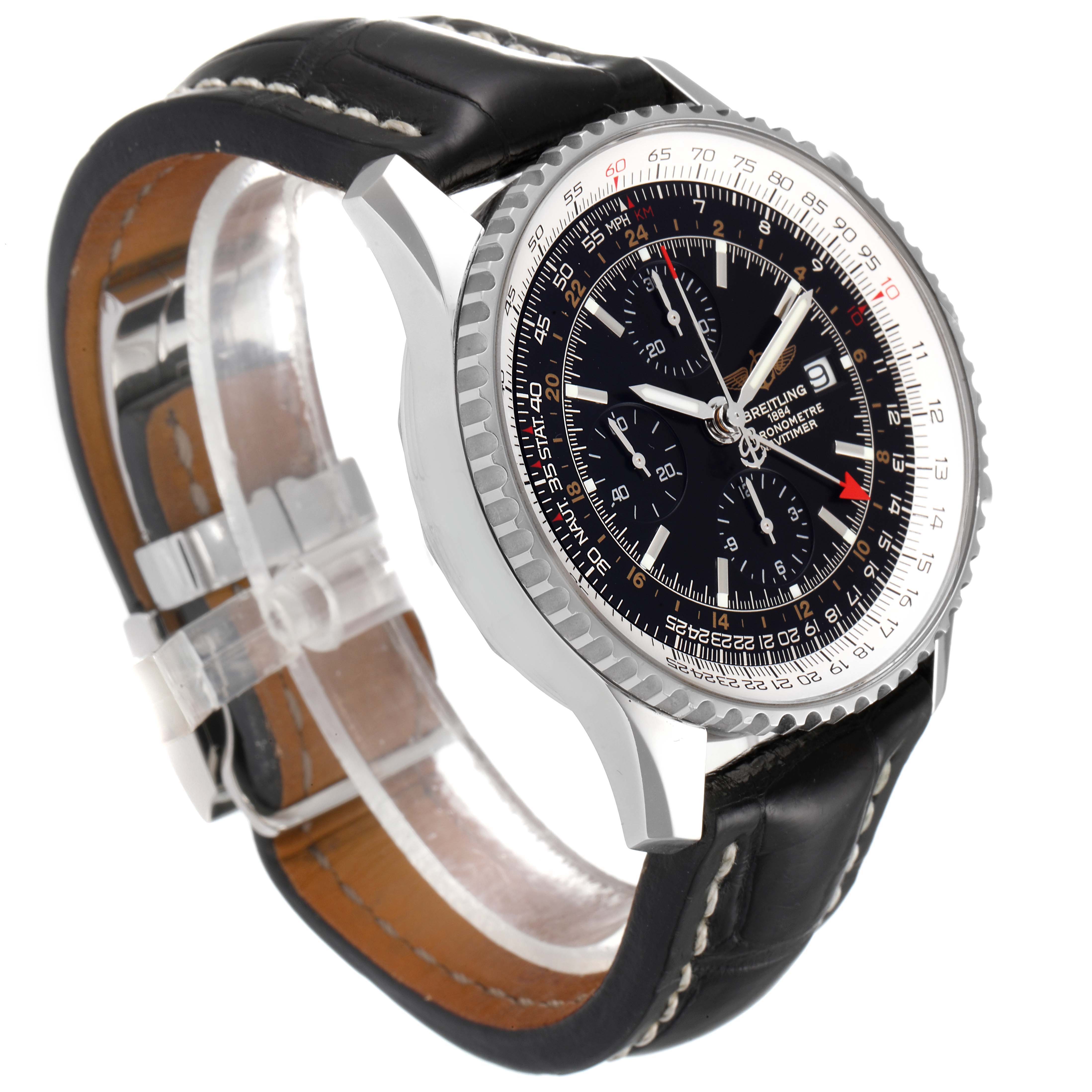 This image shows a side-angle view of a Breitling Navitimer A24322 Men
s Stainless Steel Black Dial A24322 Men
s Stainless Steel Black Dial watch, displaying its dial, case, and black leather strap with white stitching.