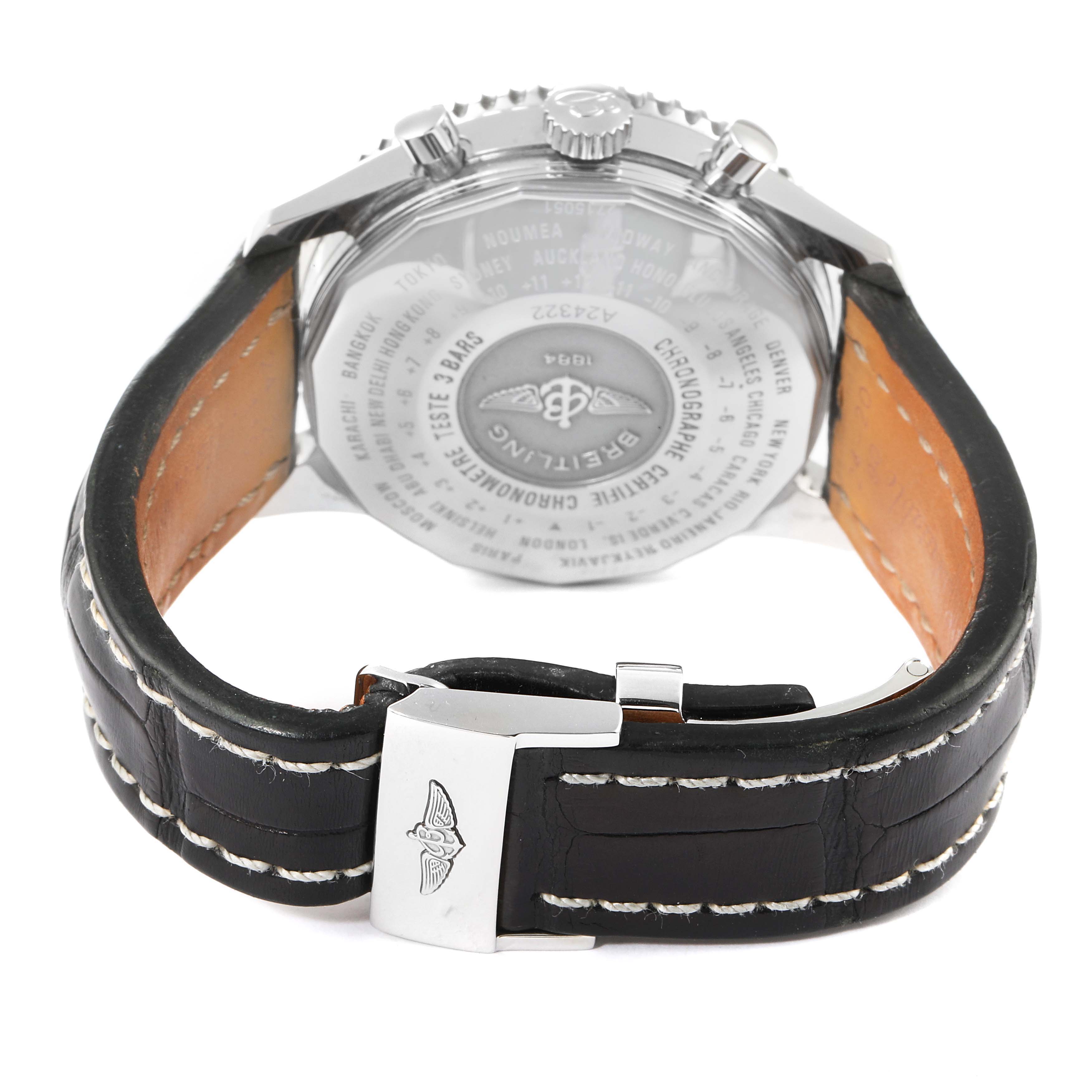 The image shows the back case and leather strap of a Breitling Navitimer A24322 Men
s Stainless Steel Black Dial A24322 Men
s Stainless Steel Black Dial watch, viewed from the rear angle.