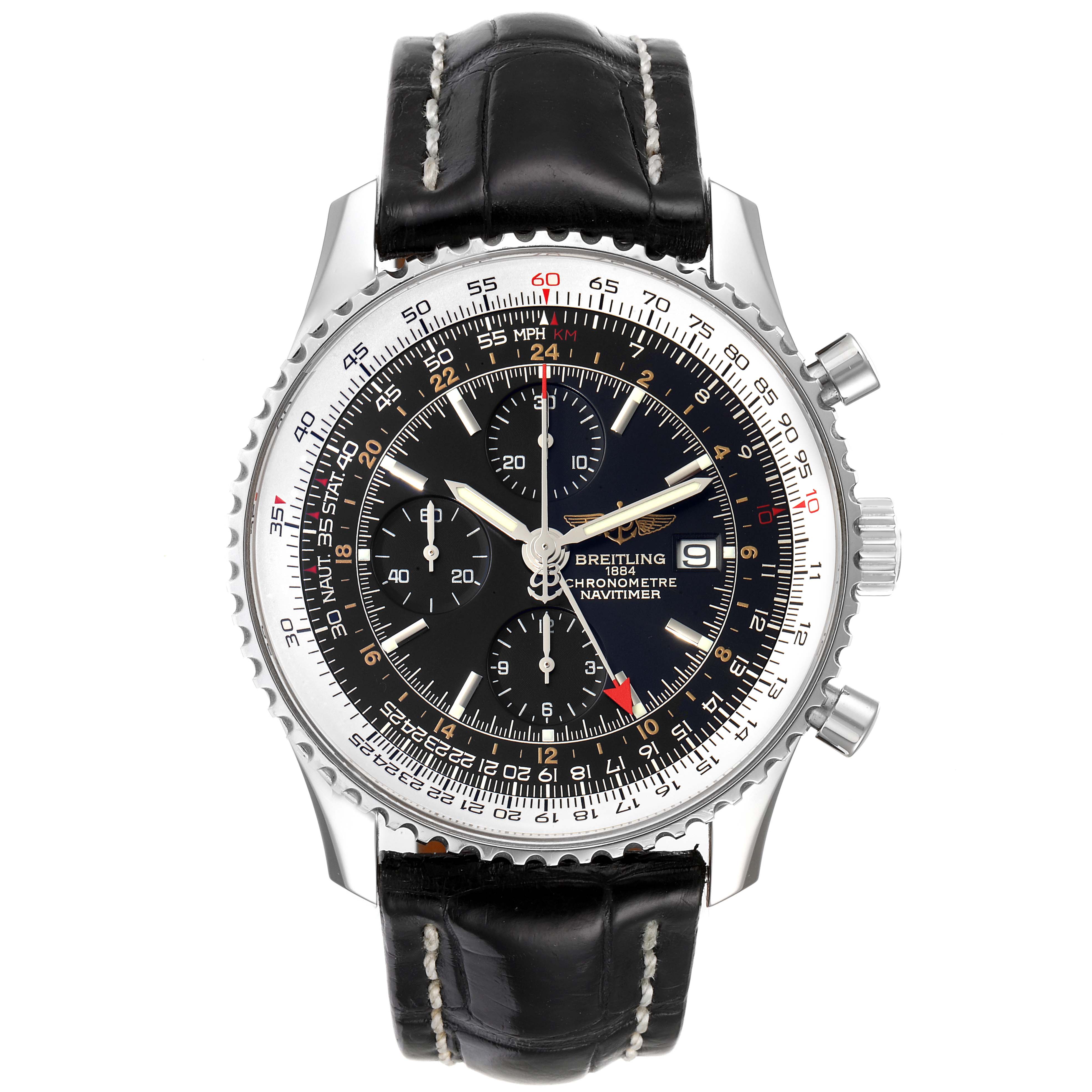 The image shows a frontal view of a Breitling Navitimer A24322 Men
s Stainless Steel Black Dial A24322 Men
s Stainless Steel Black Dial watch, displaying its dial, hands, chronograph subdials, bezel, crown, and pushers.