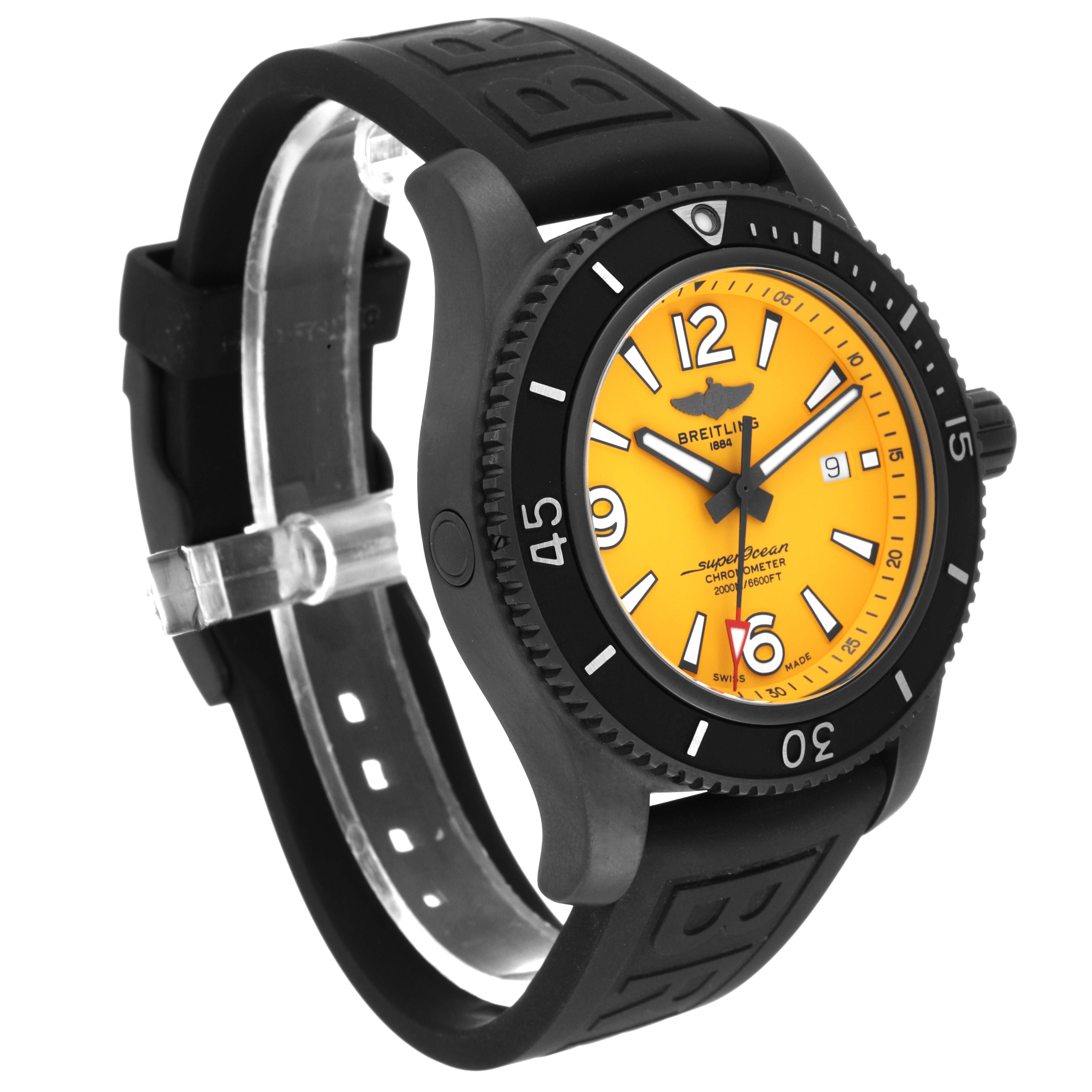 The Breitling Superocean M17368 Men's Stainless Steel Yellow Dial M17368 Men's Stainless Steel Yellow Dial watch is shown at a slight front angle, highlighting the yellow dial, black bezel, and rubber strap.