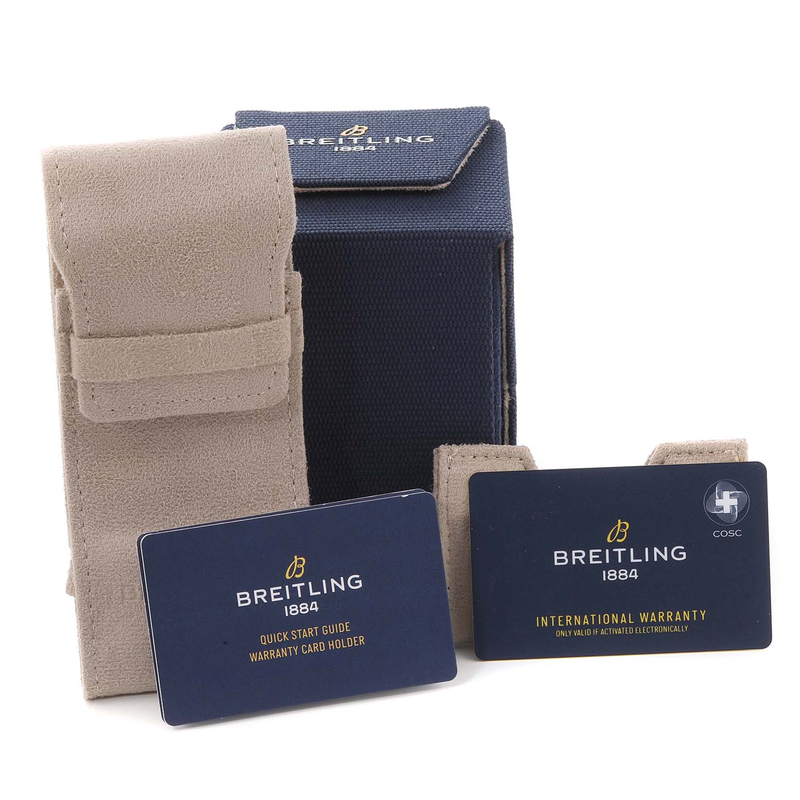 The image shows accessories for the Breitling Superocean M17368 Men's Stainless Steel Yellow Dial M17368 Men's Stainless Steel Yellow Dial including a beige case, a blue box, and warranty cards.