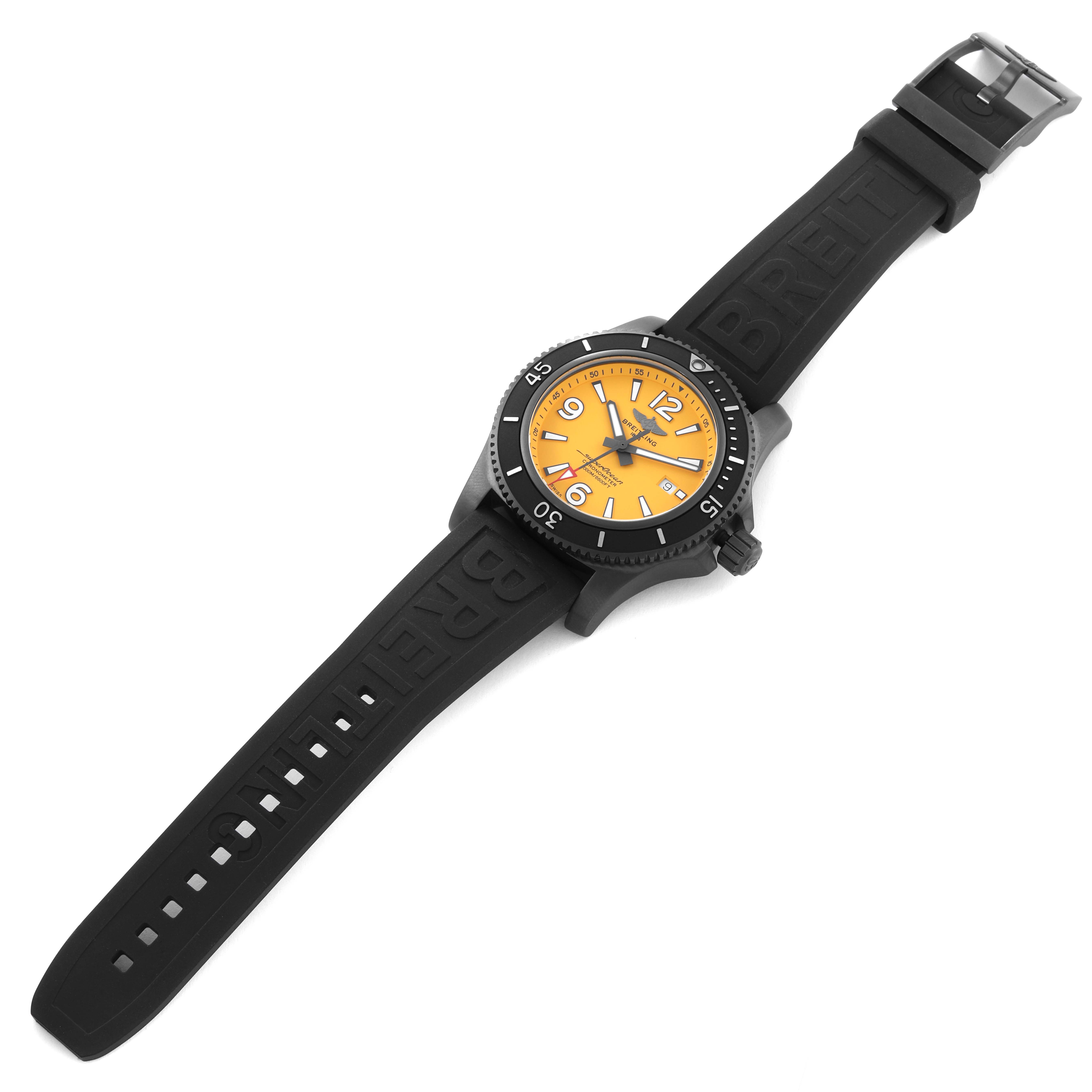 The image shows a Breitling Superocean M17368 Men's Stainless Steel Yellow Dial M17368 Men's Stainless Steel Yellow Dial watch at an angled top view, highlighting the dial, bezel, and rubber strap.