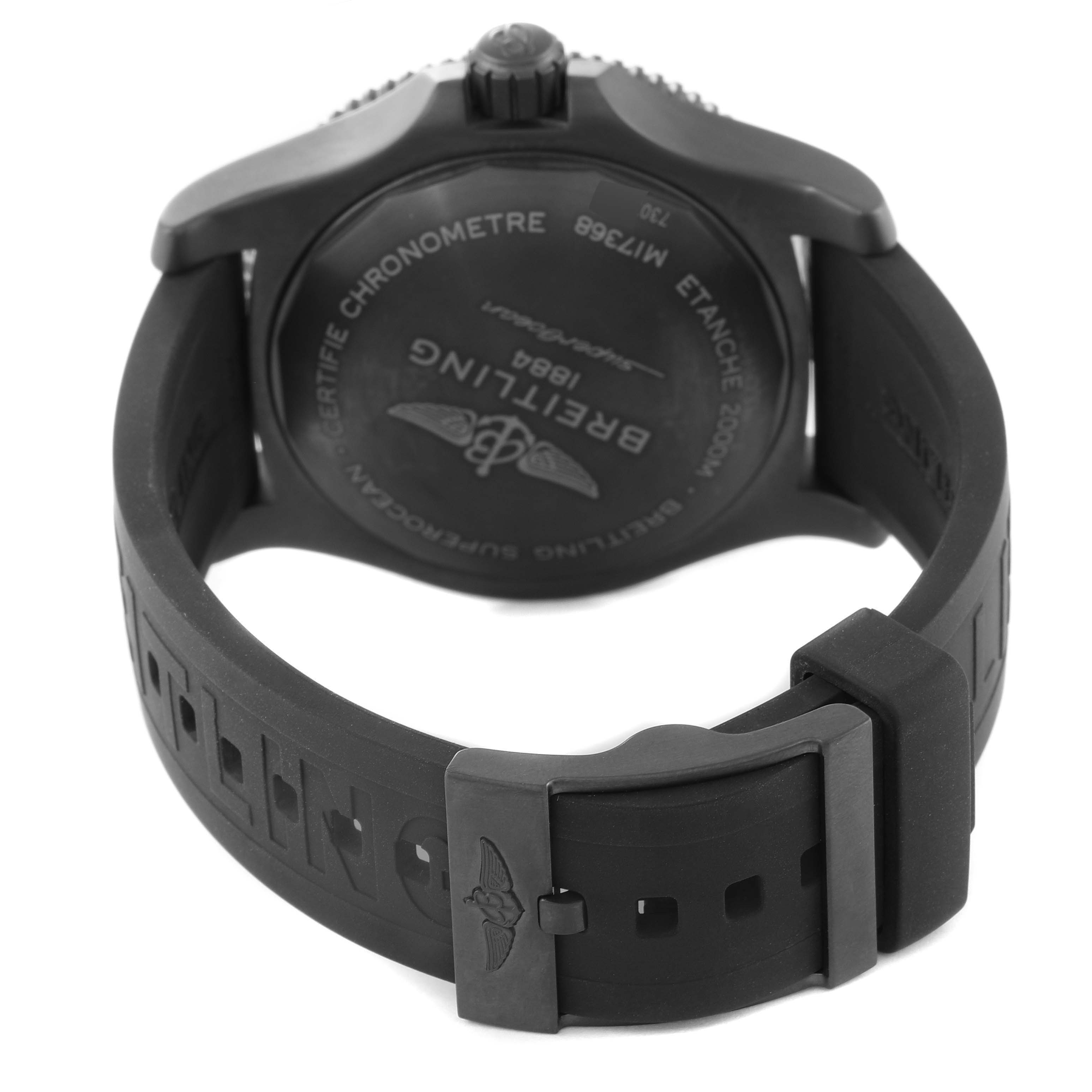 This image shows the back case and rubber strap of the Breitling Superocean M17368 Men's Stainless Steel Yellow Dial M17368 Men's Stainless Steel Yellow Dial watch, viewed from an oblique angle.