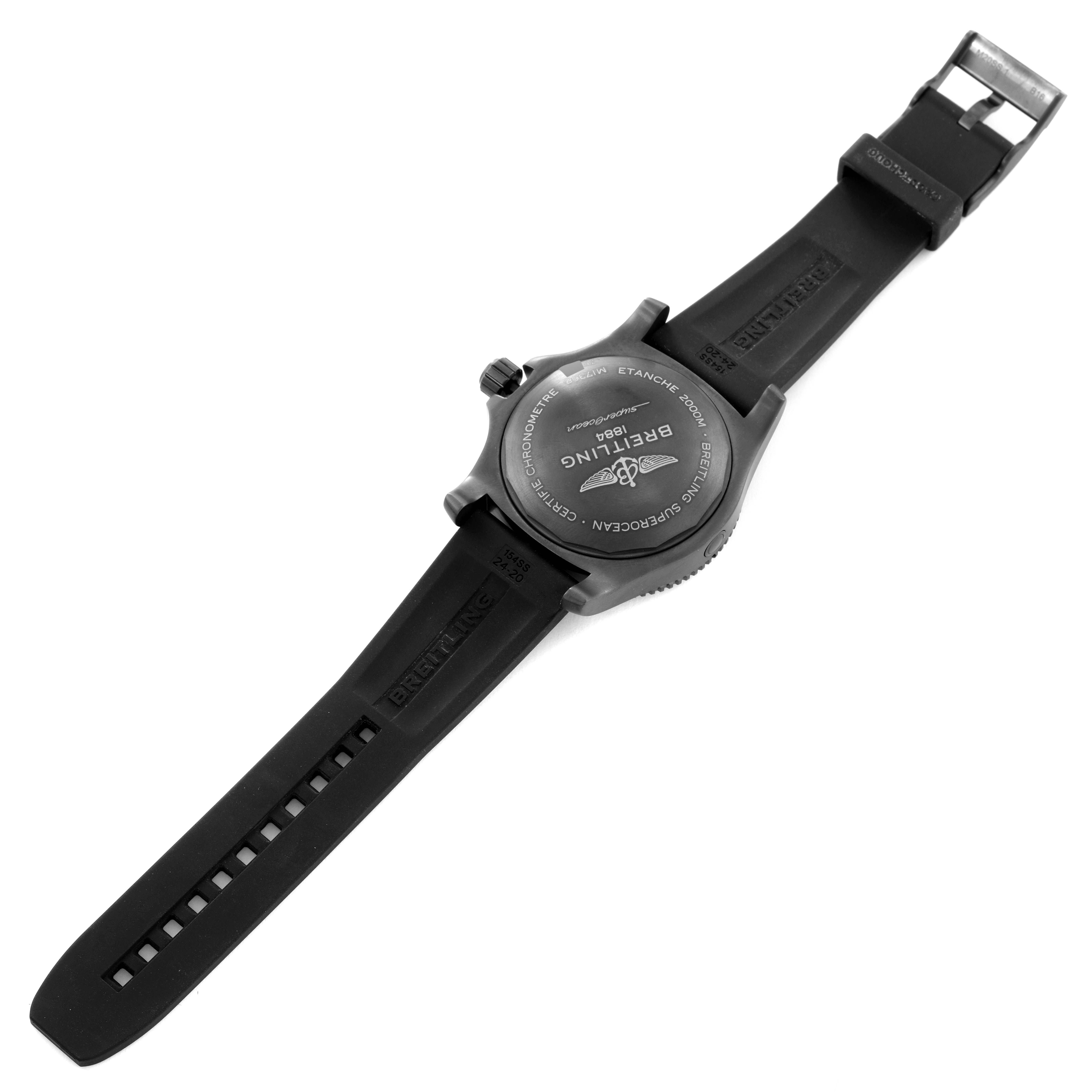 The image shows the back view of the Breitling Superocean M17368 Men's Stainless Steel Yellow Dial M17368 Men's Stainless Steel Yellow Dial watch, including the case back and rubber straps.