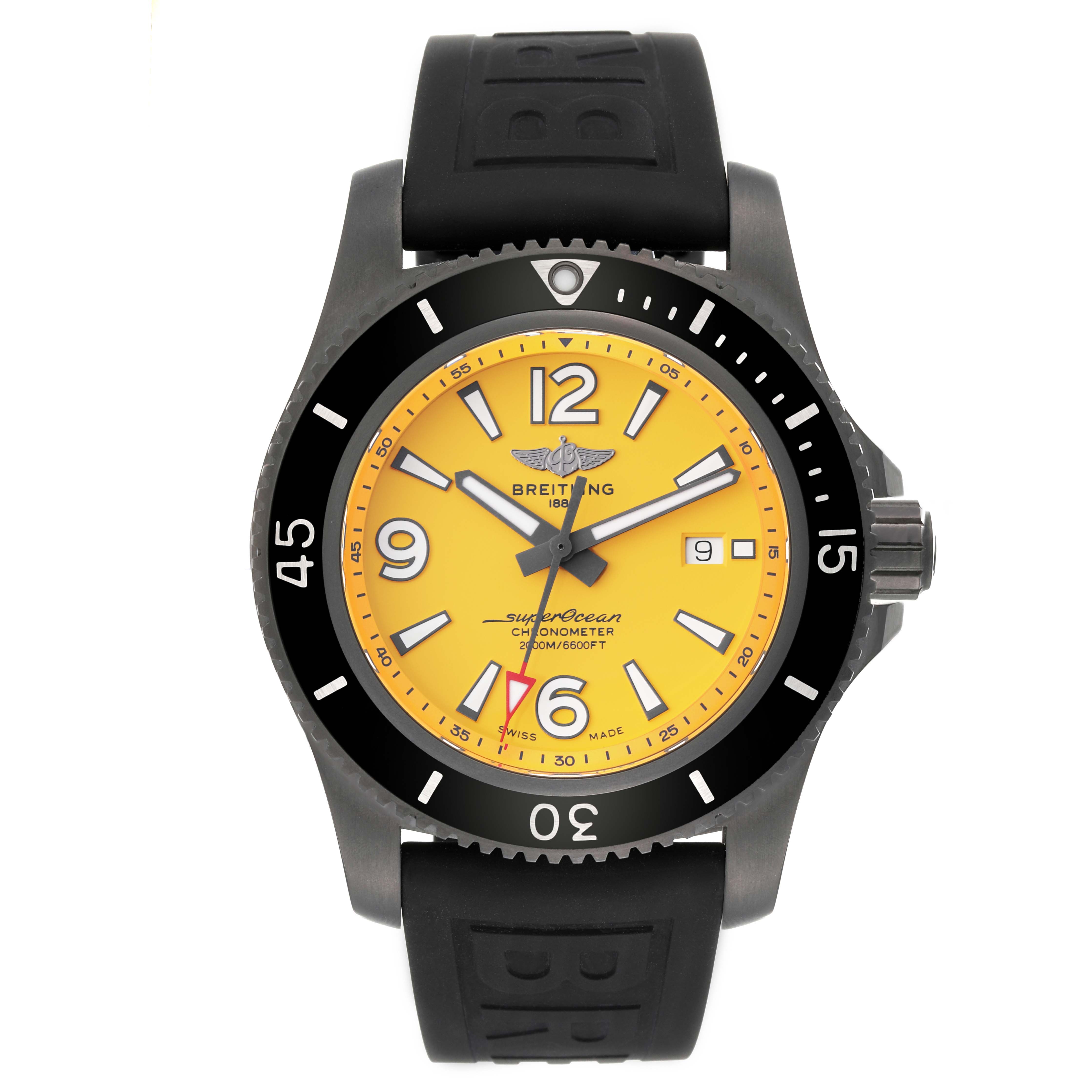 The image shows a front view of the Breitling Superocean M17368 Men's Stainless Steel Yellow Dial M17368 Men's Stainless Steel Yellow Dial watch, featuring a yellow dial and black rubber strap.