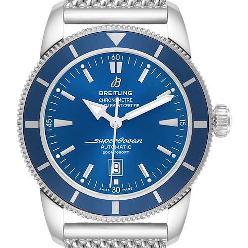 The Breitling Superocean A17320 Men's Stainless Steel Blue Dial watch is shown from the front, displaying the blue dial, bezel, hands, and bracelet partially.