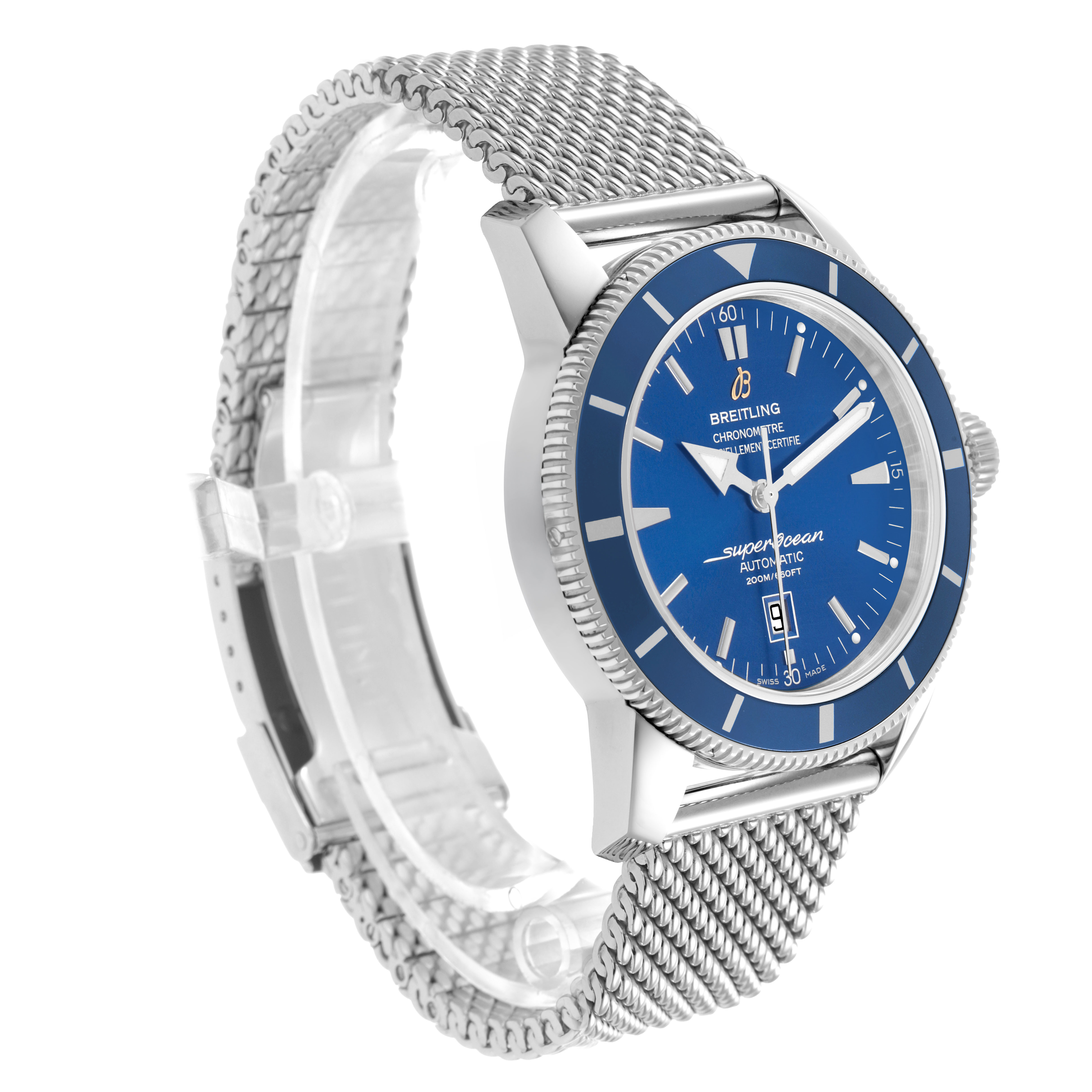 The Breitling Superocean A17320 Men's Stainless Steel Blue Dial watch is displayed at a three-quarter angle showing the blue dial, bezel, and mesh strap.