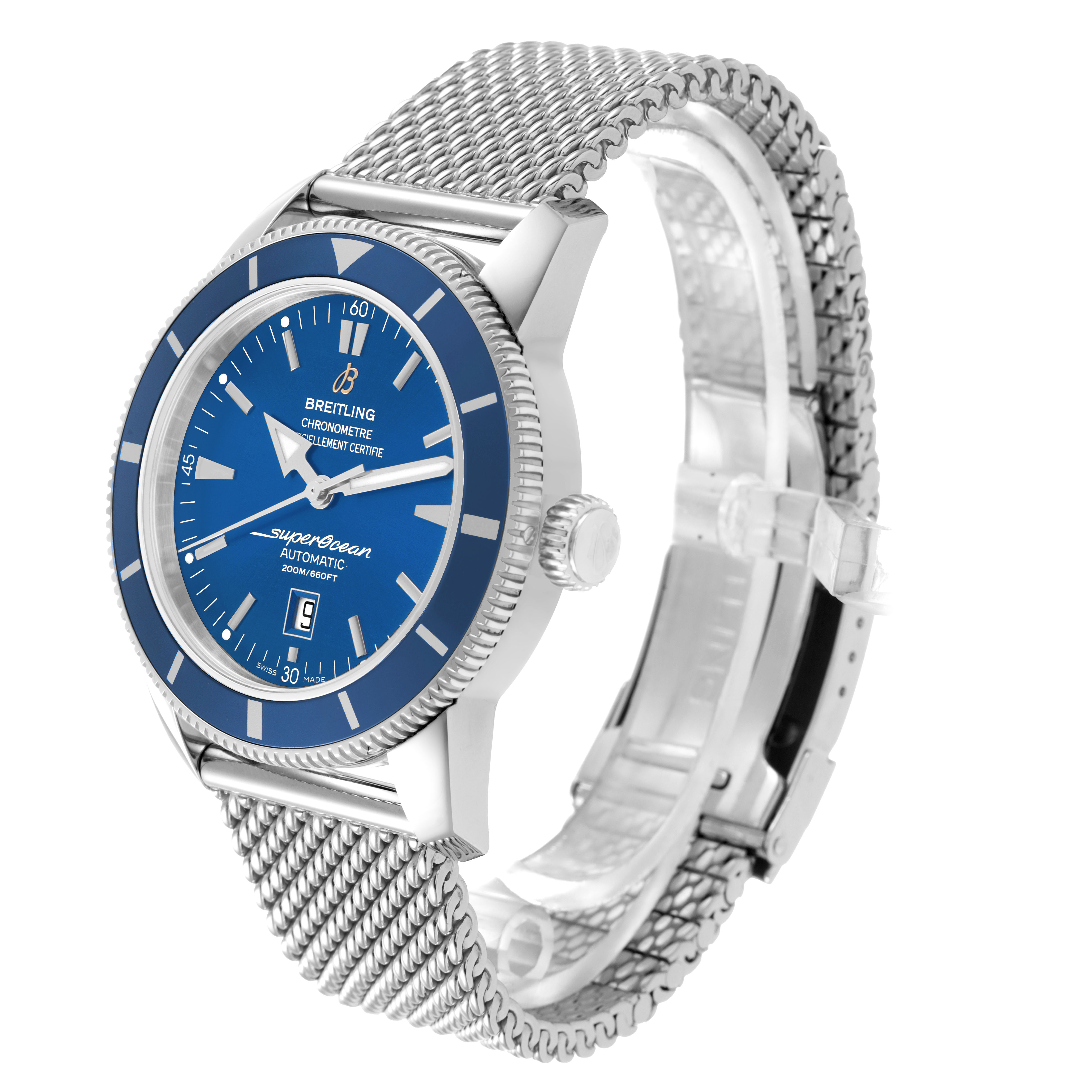The Breitling Superocean A17320 Men's Stainless Steel Blue Dial watch is shown at a three-quarter angle, displaying the face, bezel, crown, and mesh bracelet.