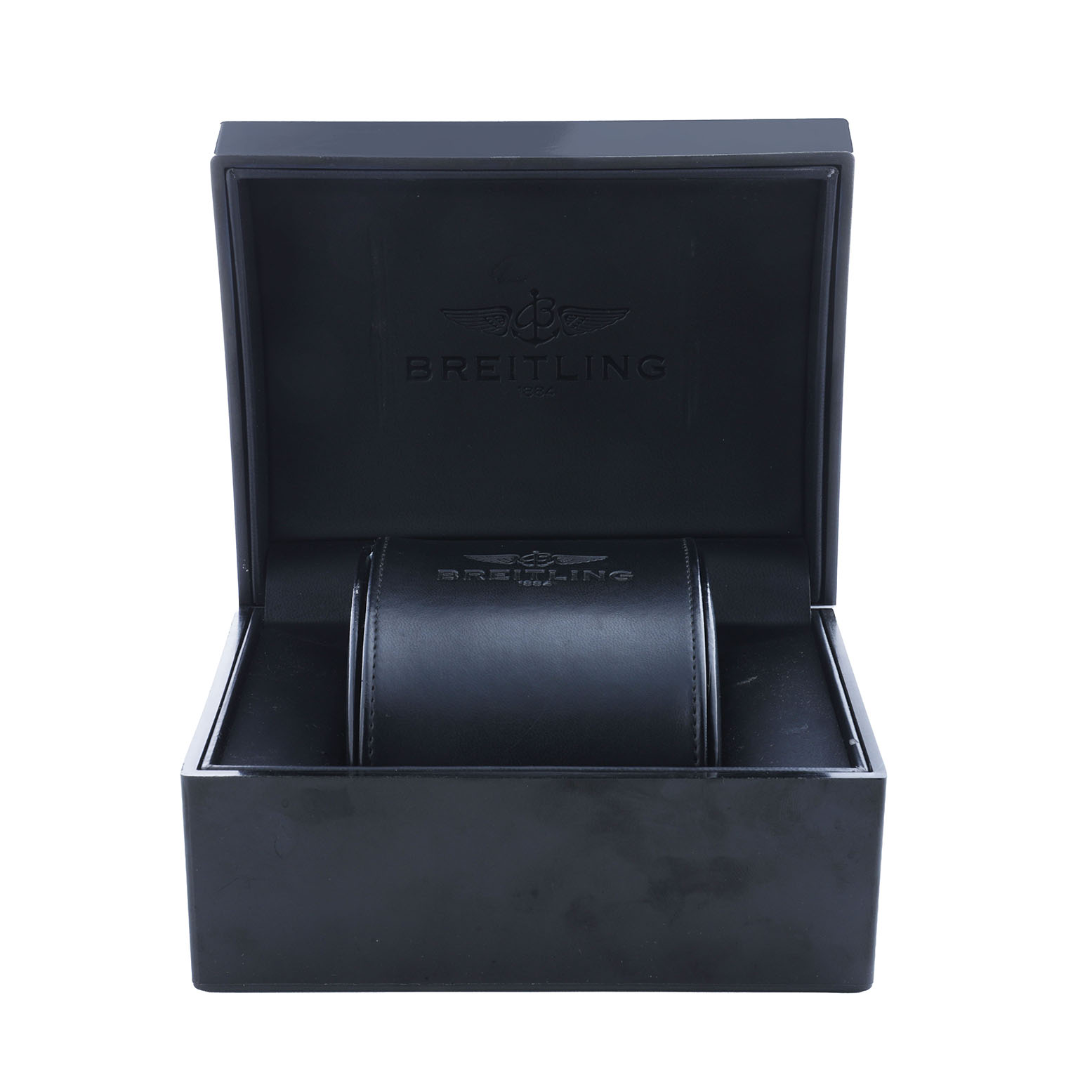 The image shows a Breitling Superocean A17320 Men's Stainless Steel Blue Dial watch box, open, with a cushioned holder inside.