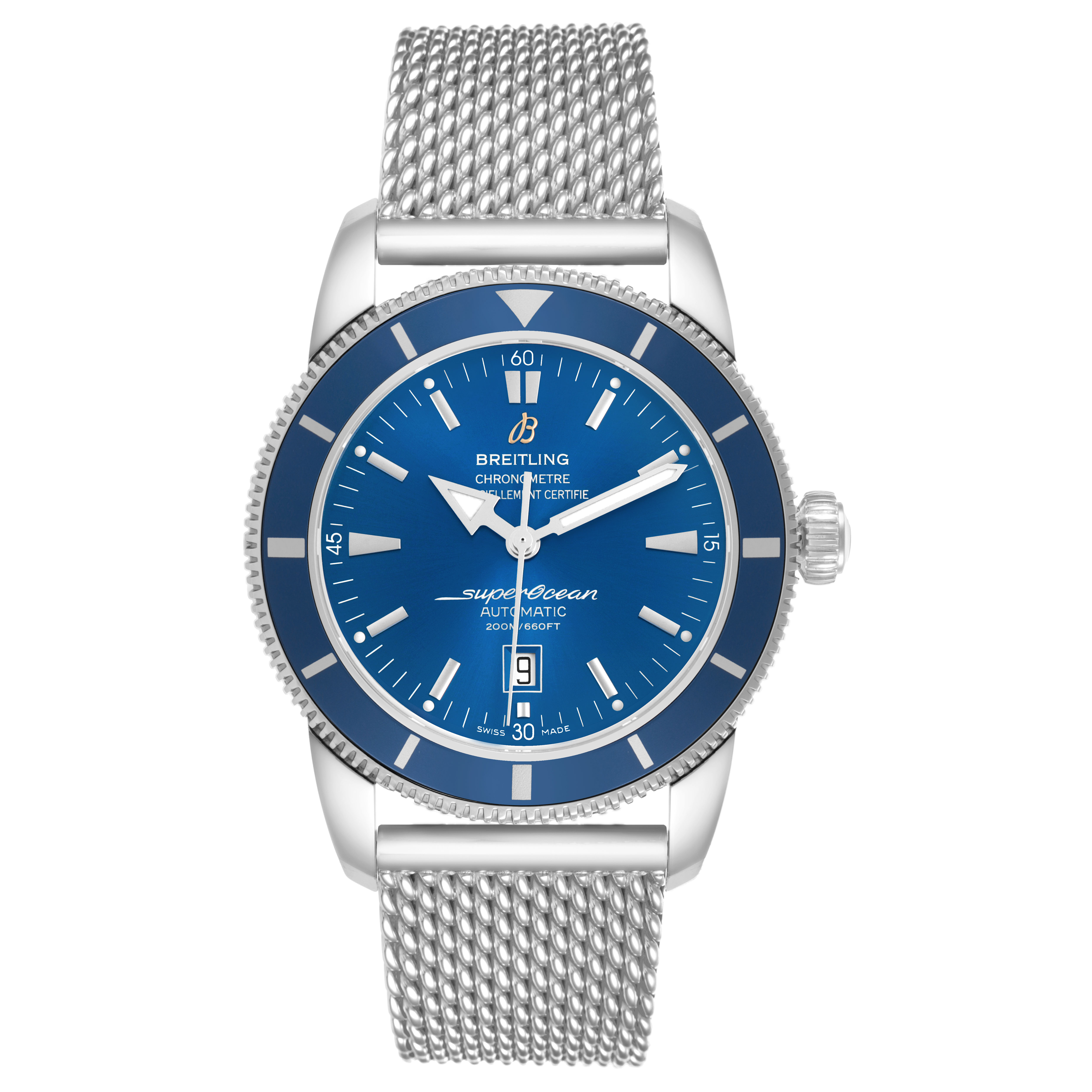 The Breitling Superocean A17320 Men's Stainless Steel Blue Dial watch is shown from a front angle, displaying its blue dial, bezel, mesh strap, and crown.