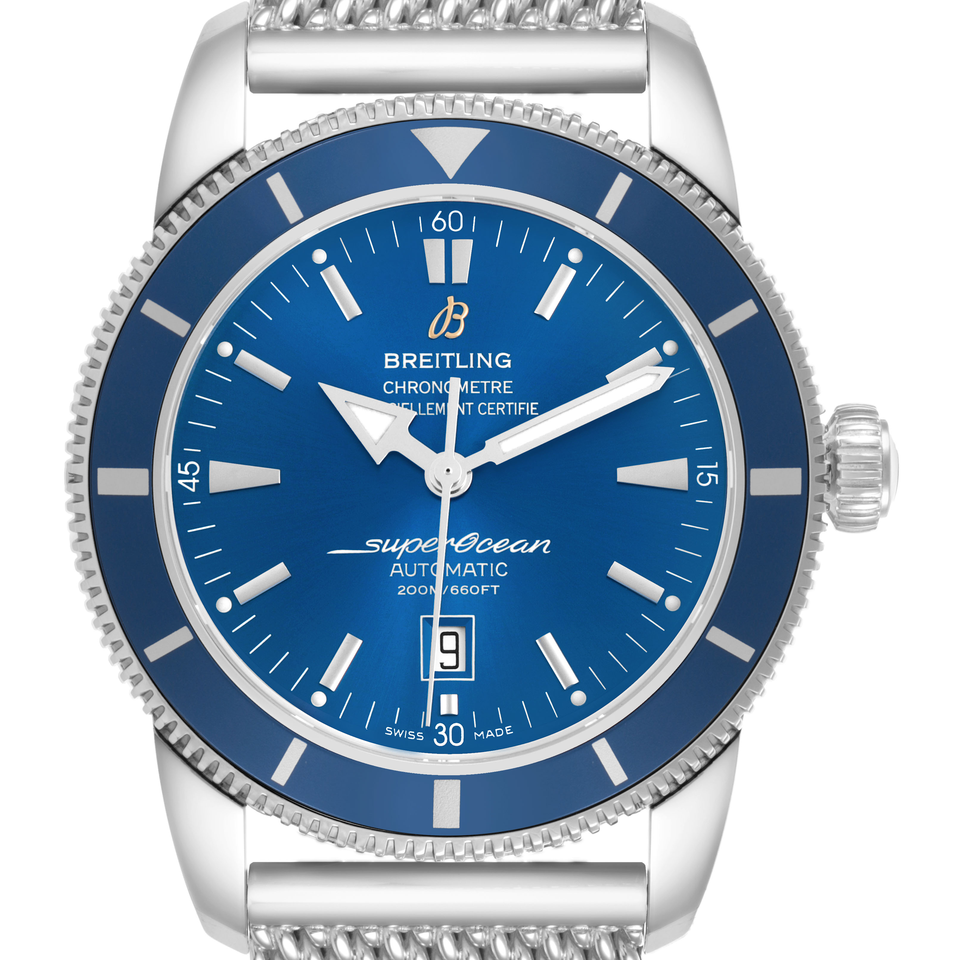 The Breitling Superocean A17320 Men's Stainless Steel Blue Dial watch is shown from the front, highlighting the blue dial, bezel, hands, indices, and date window.