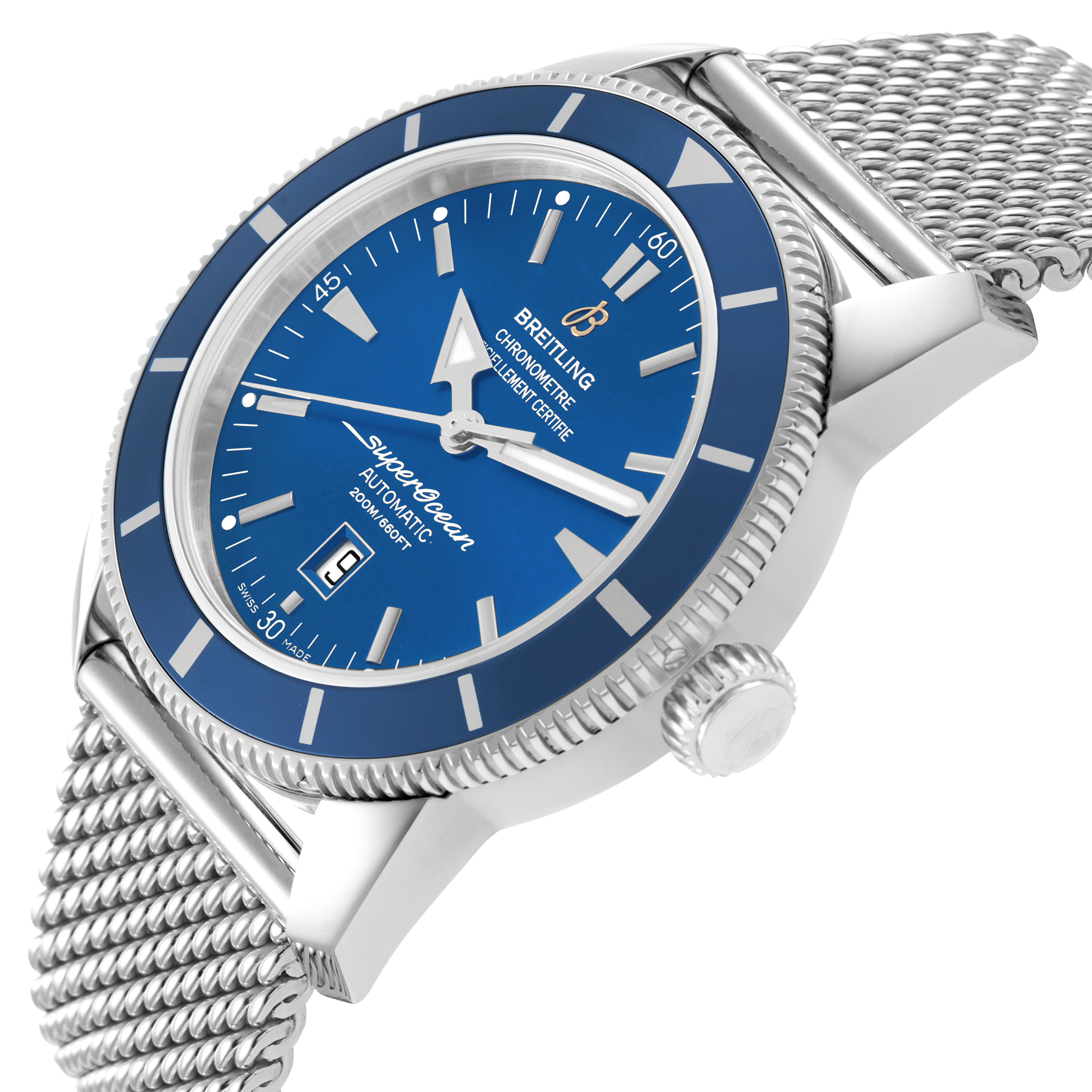 The Breitling Superocean A17320 Men's Stainless Steel Blue Dial watch is shown at an angled side view, highlighting its blue dial, bezel, crown, and mesh bracelet.
