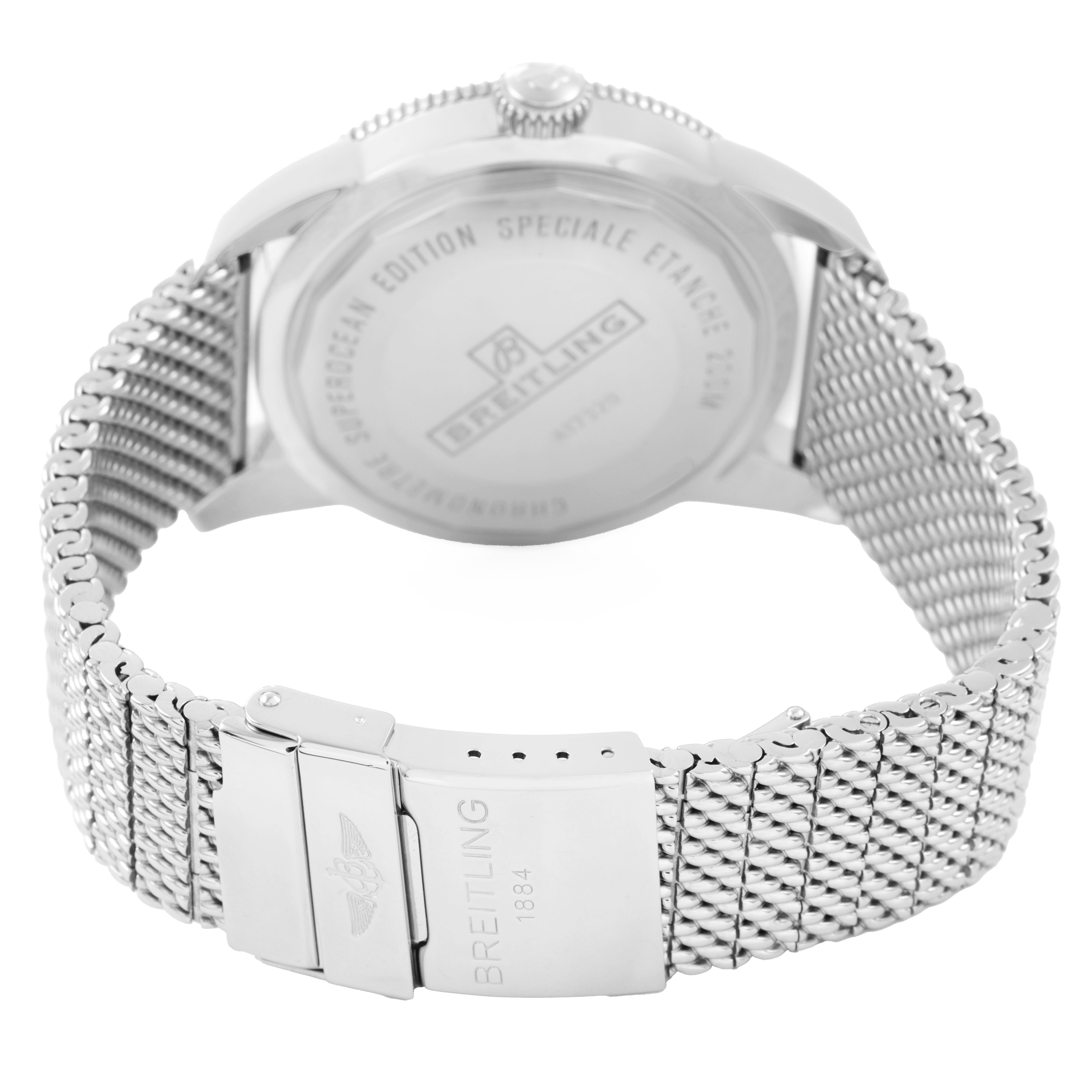 The image shows the back case and mesh bracelet of a Breitling Superocean A17320 Men's Stainless Steel Blue Dial watch from a rear angle.