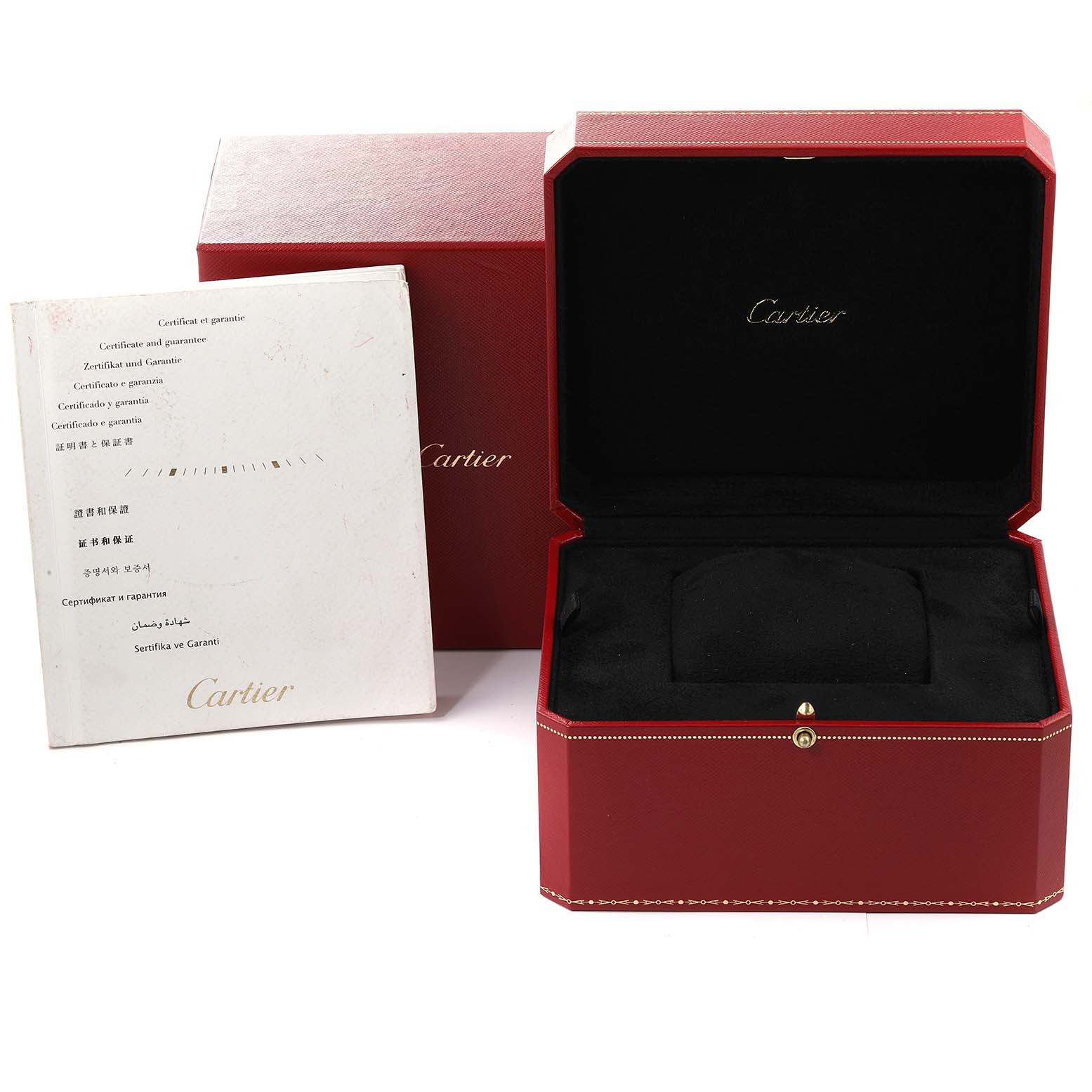 The image shows the red box and accompanying certificate for a Cartier Ballon Bleu WE902050 Women's Rose Gold Silver Dial WE902050 Women's Rose Gold Silver Dial model watch.