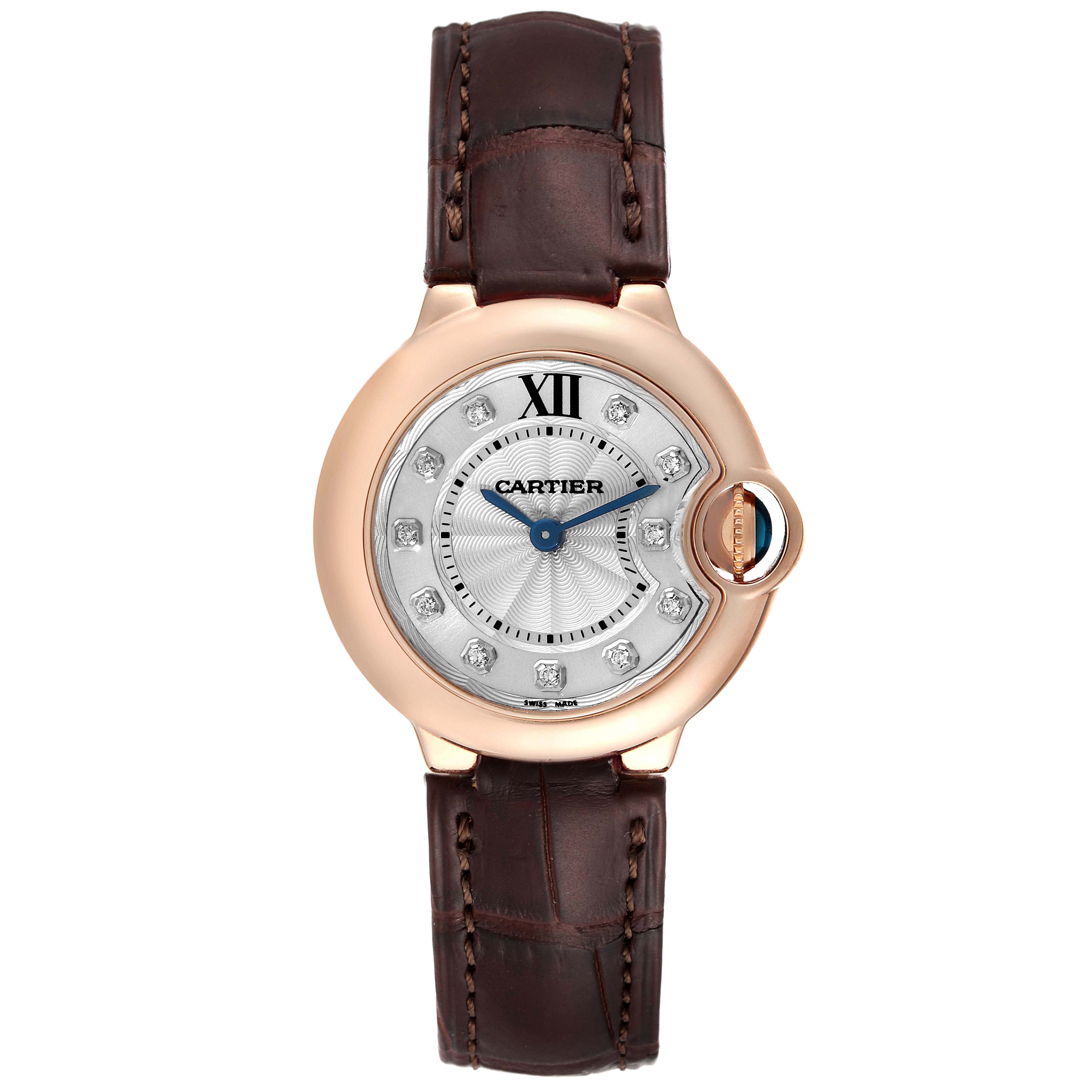 This is a front view of a Cartier Ballon Bleu WE902050 Women's Rose Gold Silver Dial WE902050 Women's Rose Gold Silver Dial watch, showing the face, case, and brown leather strap.