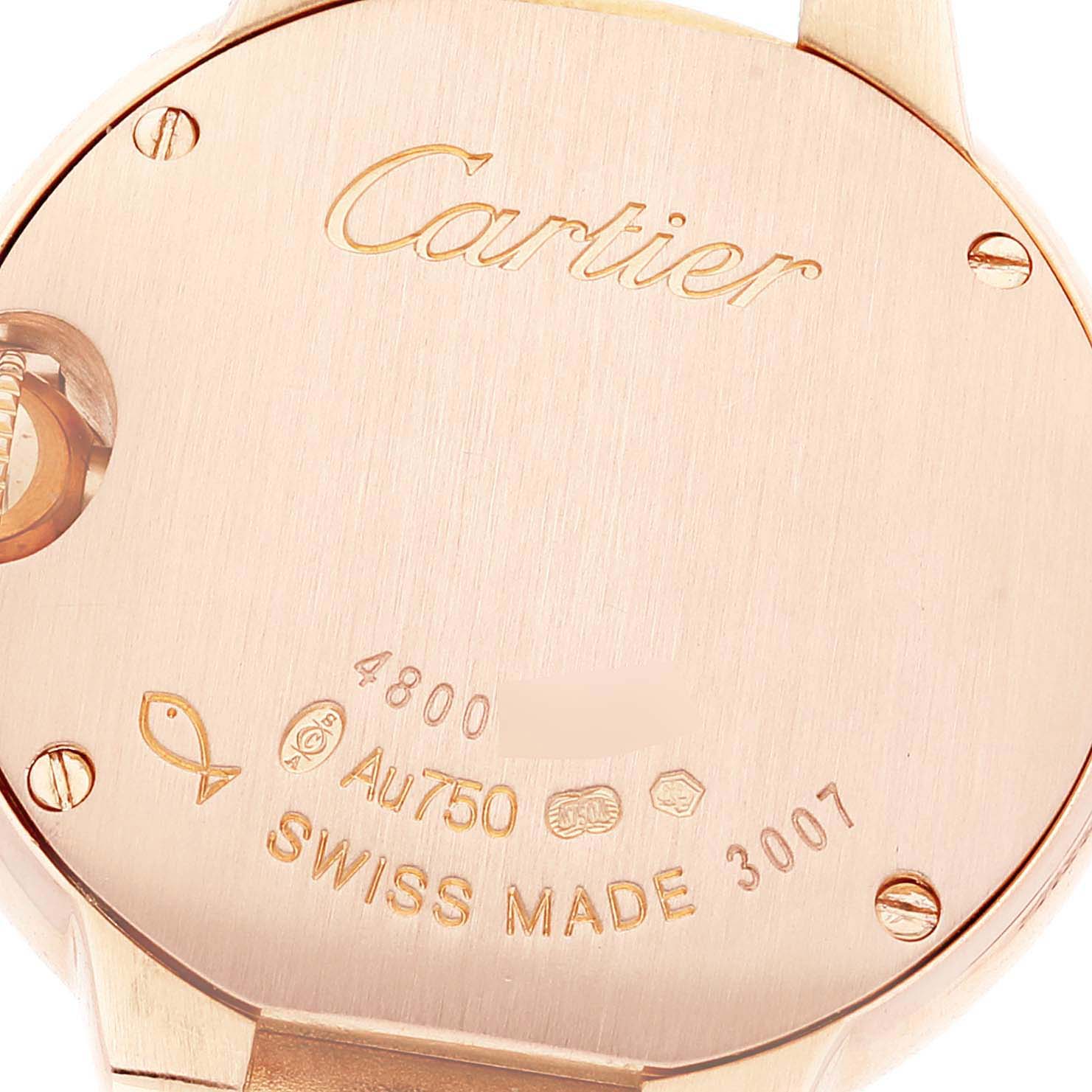 This image shows the back case of a Cartier Ballon Bleu WE902050 Women's Rose Gold Silver Dial WE902050 Women's Rose Gold Silver Dial watch viewed from a zoomed-in, straight-on angle.