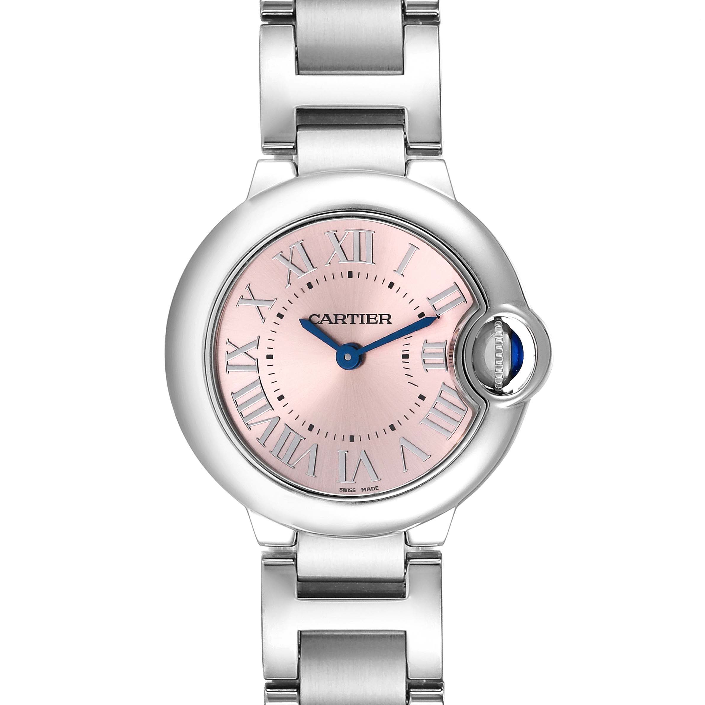 The Cartier Ballon Bleu W6920038 Women's Stainless Steel Pink Dial W6920038 Women's Stainless Steel Pink Dial watch is shown from a top-down angle, displaying its pink dial, Roman numerals, blue hands, and silver bracelet.
