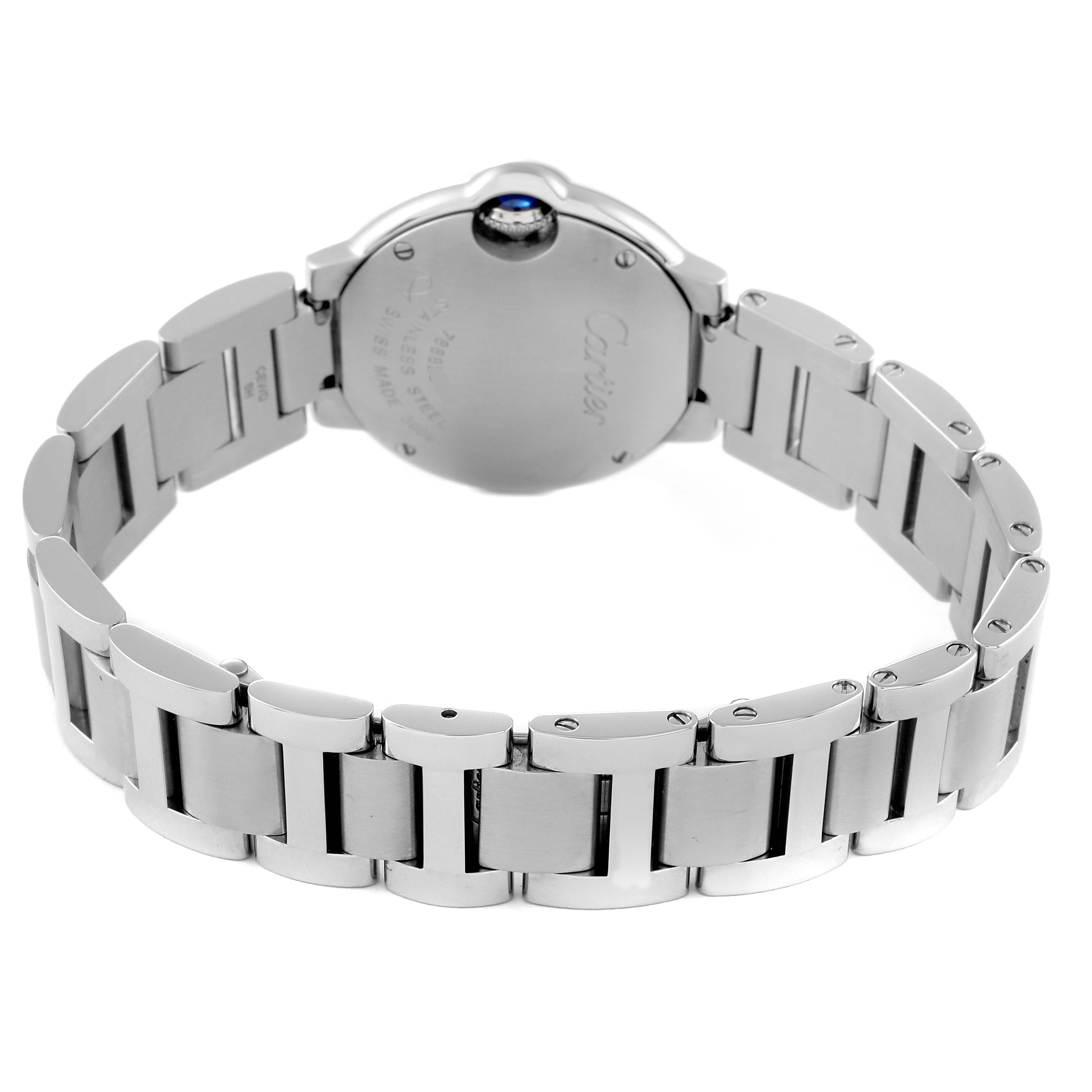 This image shows the back and bracelet of a Cartier Ballon Bleu W6920038 Women's Stainless Steel Pink Dial W6920038 Women's Stainless Steel Pink Dial watch, focusing on the clasp and links.