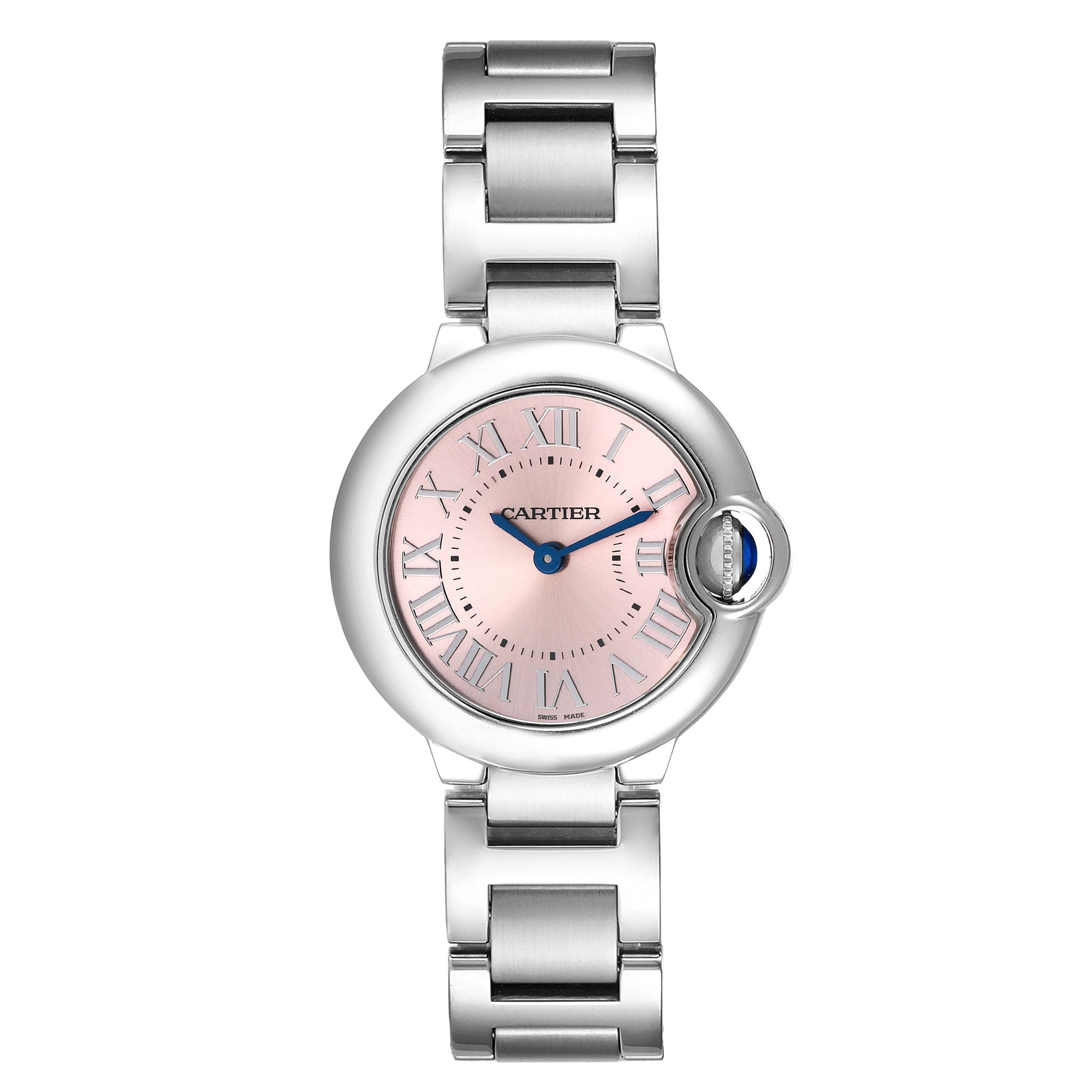 This image shows a front view of the Ballon Bleu by Cartier, displaying the face and stainless steel bracelet.