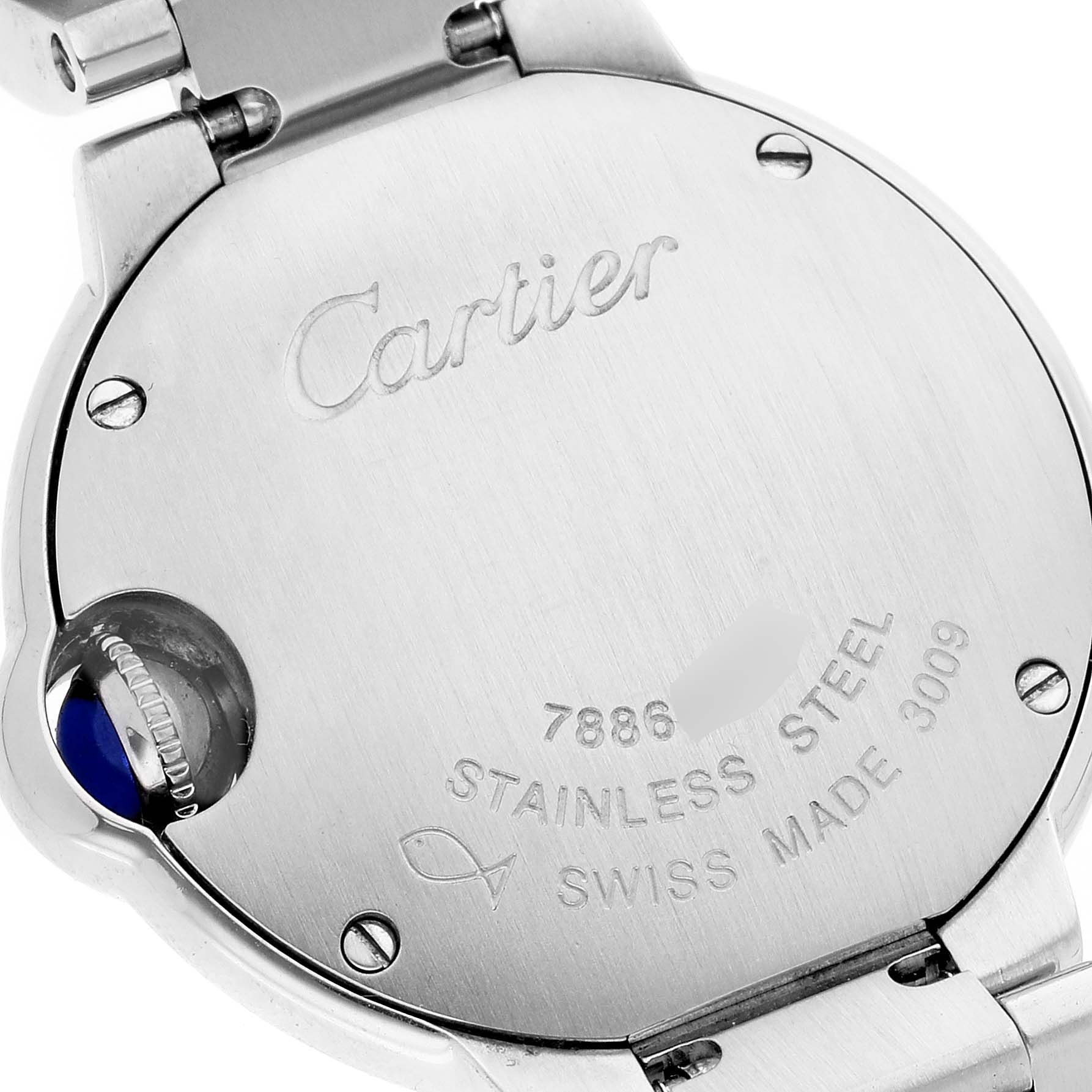 The image shows the back case of a Ballon Bleu de Cartier watch, displaying the engraved brand name and model details.