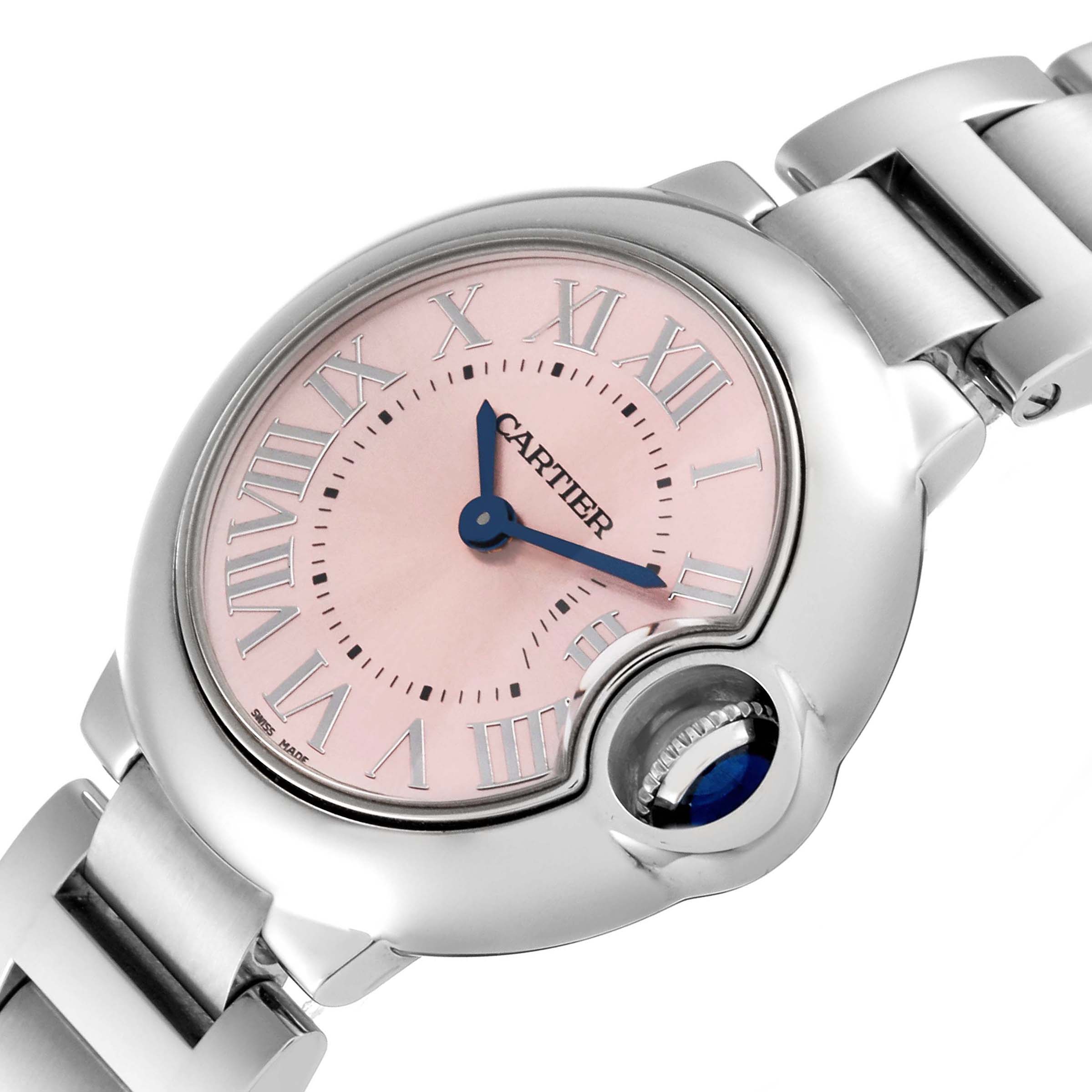The image shows the dial, crown, and part of the bracelet of the Cartier Ballon Bleu W6920038 Women's Stainless Steel Pink Dial W6920038 Women's Stainless Steel Pink Dial watch at a slight angle.