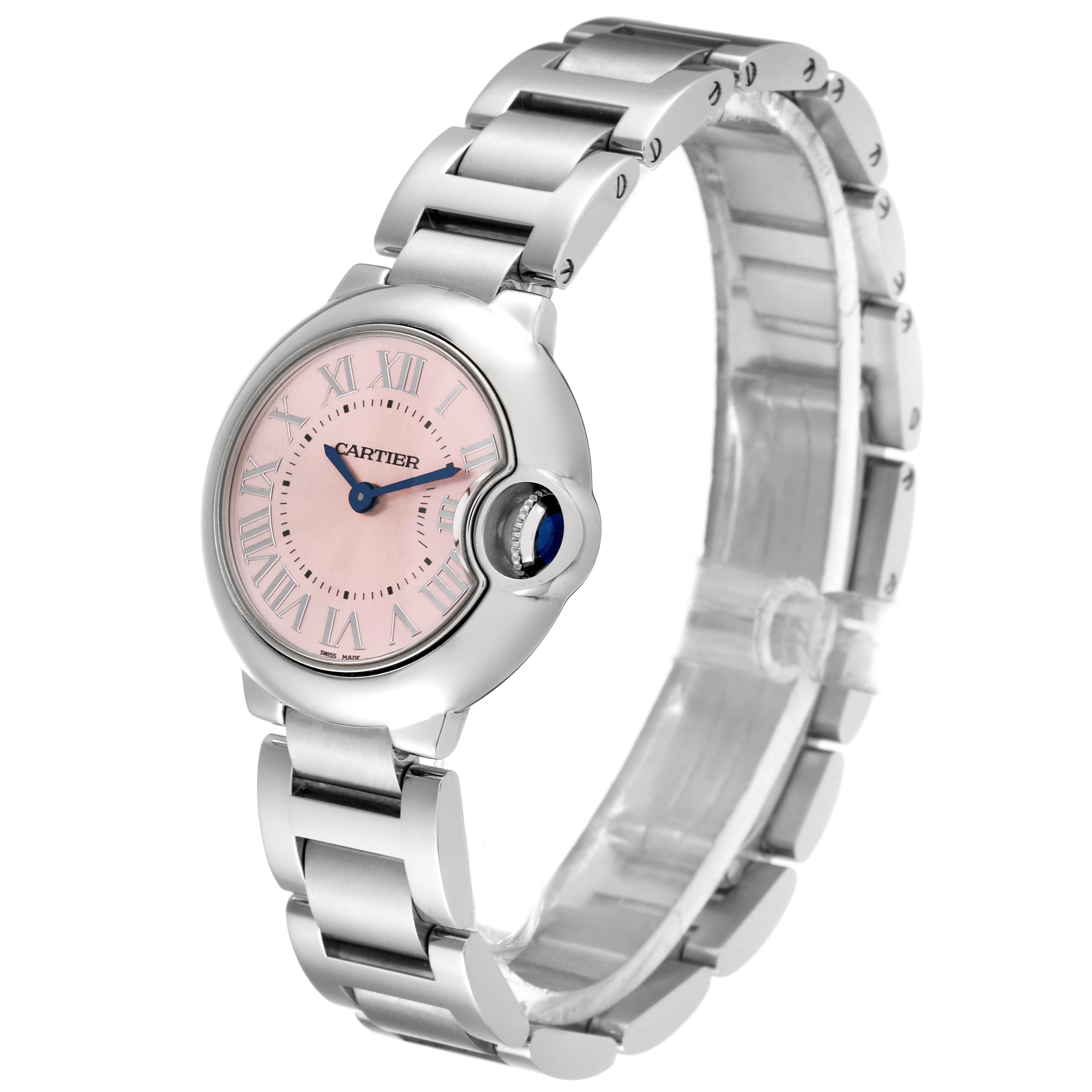 The Cartier Ballon Bleu W6920038 Women's Stainless Steel Pink Dial W6920038 Women's Stainless Steel Pink Dial watch is shown from a side angle, displaying the face, band, and crown.
